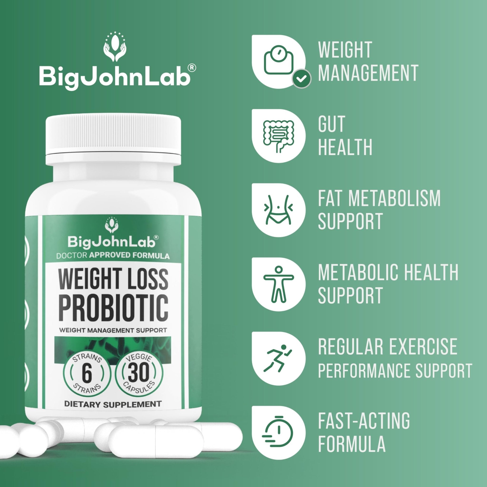 BIGJOHNLAB® - Probiotics for Weight Management & Bloating - 6 Probiotic Strains - Prebiotics - Key Ingredient Cayenne & Green Tea - Supports Gut Health - Weight Management for Women & Men - 30 CT - OzHealthStandard