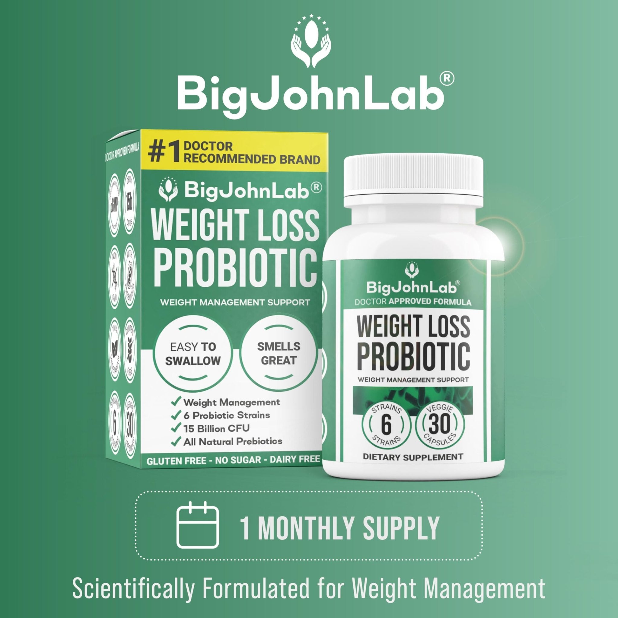 BIGJOHNLAB® - Probiotics for Weight Management & Bloating - 6 Probiotic Strains - Prebiotics - Key Ingredient Cayenne & Green Tea - Supports Gut Health - Weight Management for Women & Men - 30 CT - OzHealthStandard
