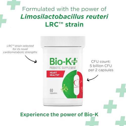 Bio-K+ Probiotics for Heart Health with Limosilactobacillus reuteri LRC – Heart Health Probiotic for Cholesterol & Cardiovascular Support, 5 Billion CFU, Vegan, Shelf-Stable – 60 Capsules - OzHealthStandard