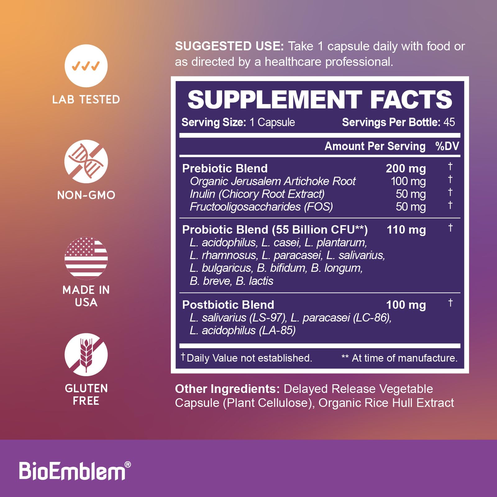 BioEmblem Probiotics for Women & Men – 55 Billion CFU | 11 Strains with Prebiotics & Postbiotics | Jerusalem Artichoke & Inulin | Digestive & Immune Support, Nutrient Absorption | Non-GMO,45 Capsules - OzHealthStandard