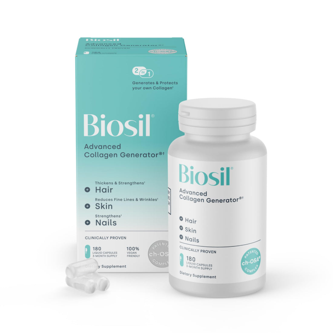 Biosil Collagen Booster Supplement - 180 Vegan Capsules - Patented ch-OSA Activator for Skin, Hair, Nails & Joints - Supports Natural Production - 90-Day Supply - OzHealthStandard