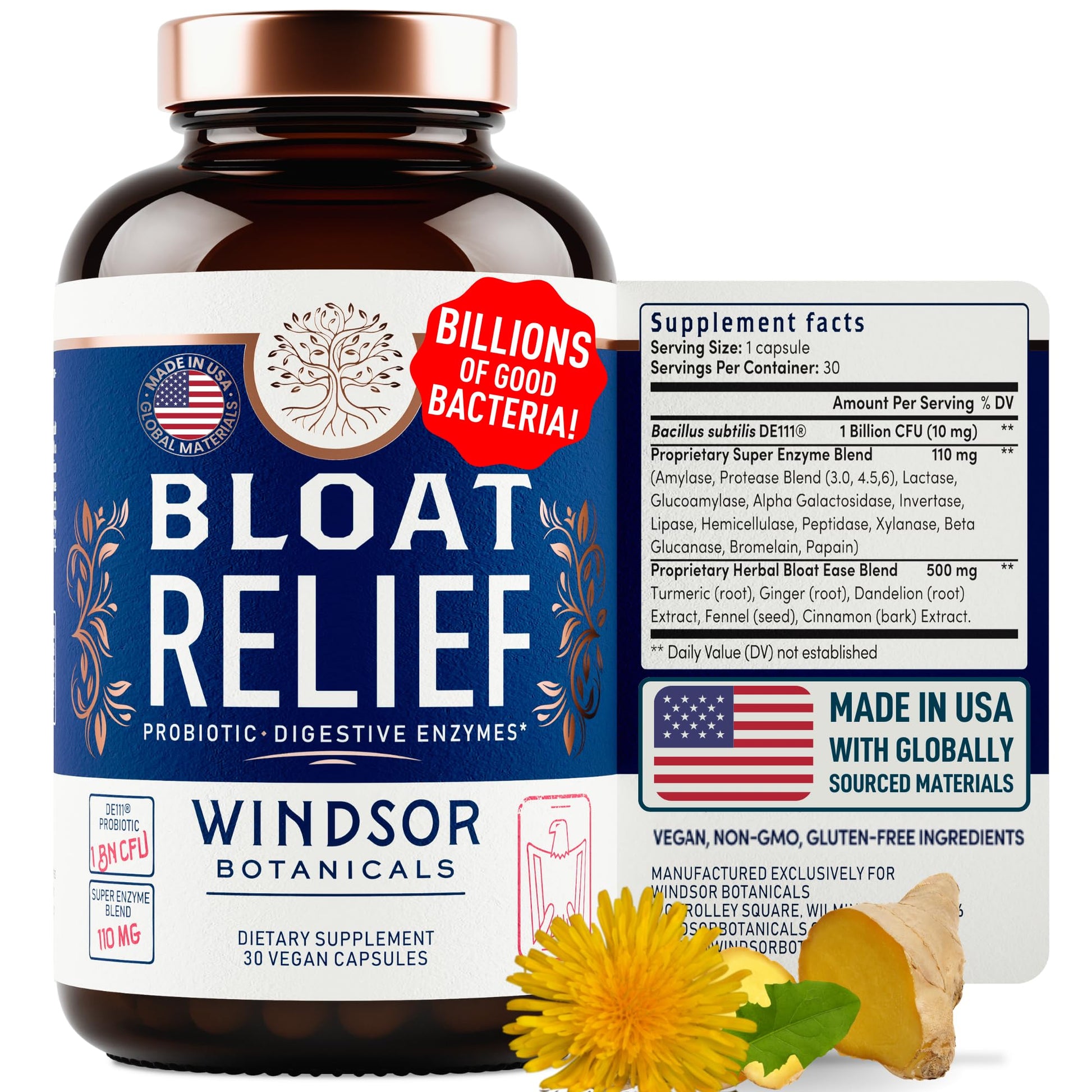 Bloat Relief Probiotic and Digestive Enzymes - Anti Bloating Turmeric, Fennel, Bromelain IBS Supplement - Detox Debloat Capsules Gas - Bloating Relief for Women and Men - 30 Gut Health Pills - OzHealthStandard