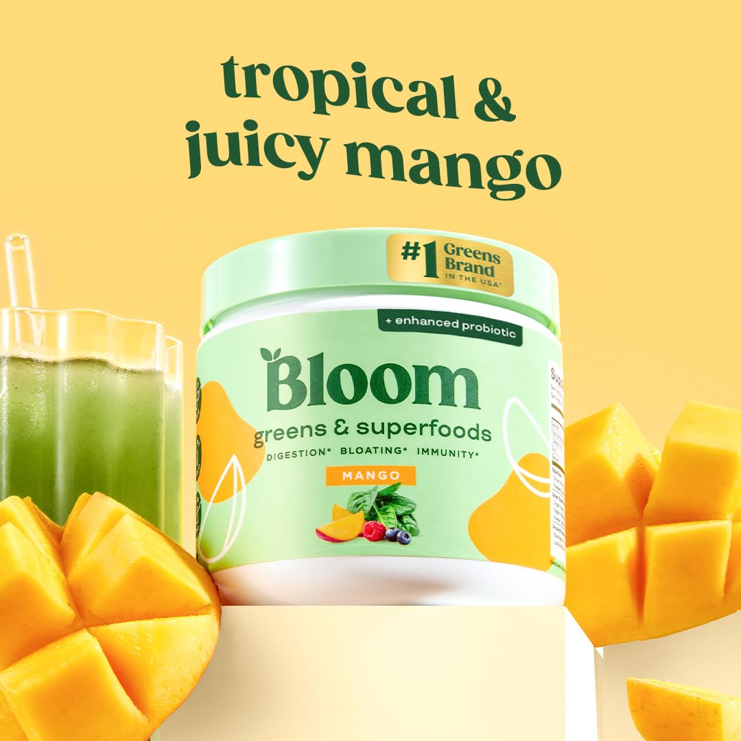 Bloom Nutrition Superfood Greens Powder, Digestive Enzymes with Probiotics and Prebiotics, Gut Health, Bloating Relief for Women, Chlorella, Green Juice Mix with Beet Root Powder, 30 SVG, Mango - OzHealthStandard