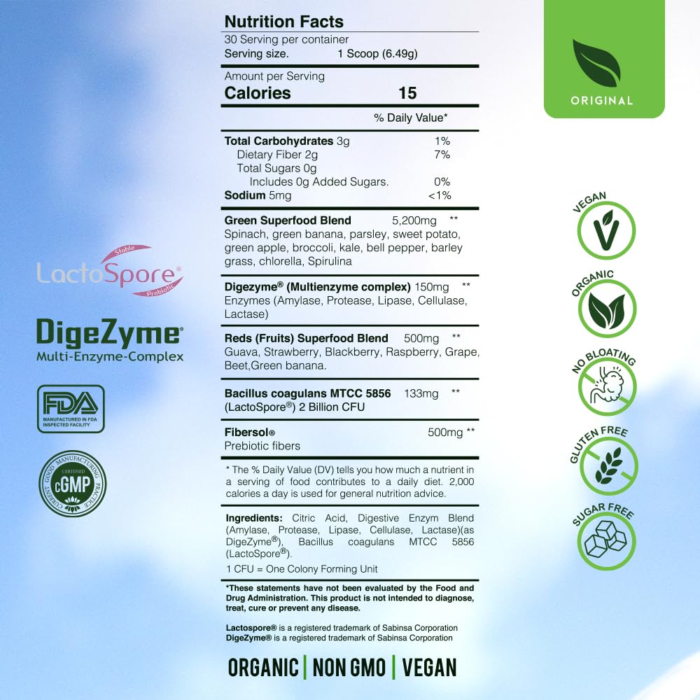 Blossom SuperGreens Probiotics – Digestive Enzymes with Pre/ProBiotics for Bloating Relief – 30+ SuperGreens & SuperReds to Boost Energy –Organic, Gluten-Free, No Fiber, 0g Sugar (Lemon Citrus) - OzHealthStandard