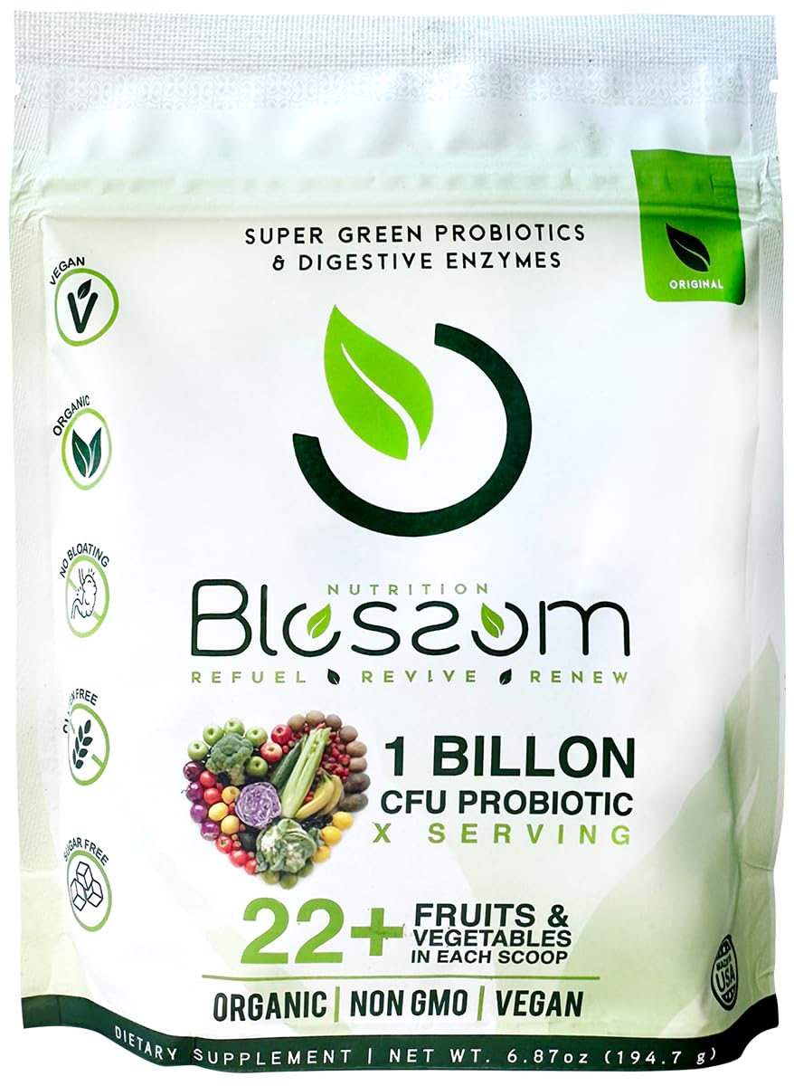 Blossom SuperGreens Probiotics – Digestive Enzymes with Pre/ProBiotics for Bloating Relief – 30+ SuperGreens & SuperReds to Boost Energy –Organic, Gluten-Free, No Fiber, 0g Sugar (Lemon Citrus) - OzHealthStandard