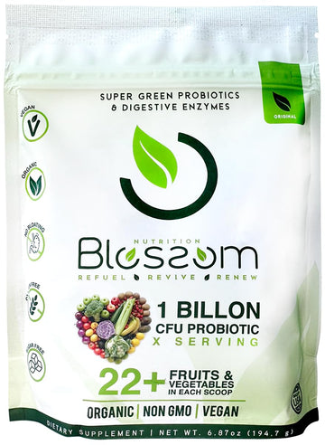 Blossom SuperGreens Probiotics – Digestive Enzymes with Pre/ProBiotics for Bloating Relief – 30+ SuperGreens & SuperReds to Boost Energy –Organic, Gluten-Free, No Fiber, 0g Sugar (Lemon Citrus) - OzHealthStandard