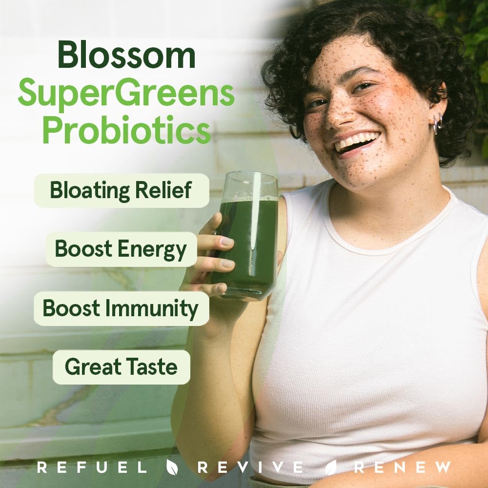 Blossom SuperGreens Probiotics – Digestive Enzymes with Pre/ProBiotics for Bloating Relief – 30+ SuperGreens & SuperReds to Boost Energy –Organic, Gluten-Free, No Fiber, 0g Sugar (Lemon Citrus) - OzHealthStandard
