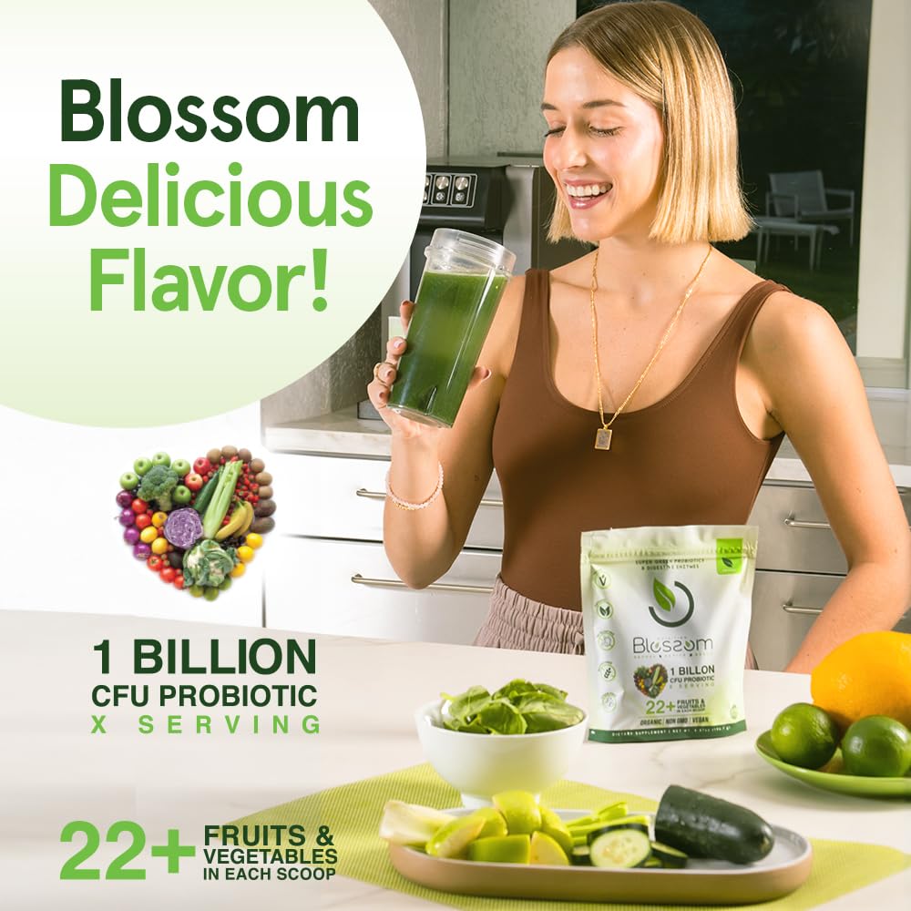 Blossom SuperGreens Probiotics – Digestive Enzymes with Pre/ProBiotics for Bloating Relief – 30+ SuperGreens & SuperReds to Boost Energy –Organic, Gluten-Free, No Fiber, 0g Sugar (Lemon Citrus) - OzHealthStandard