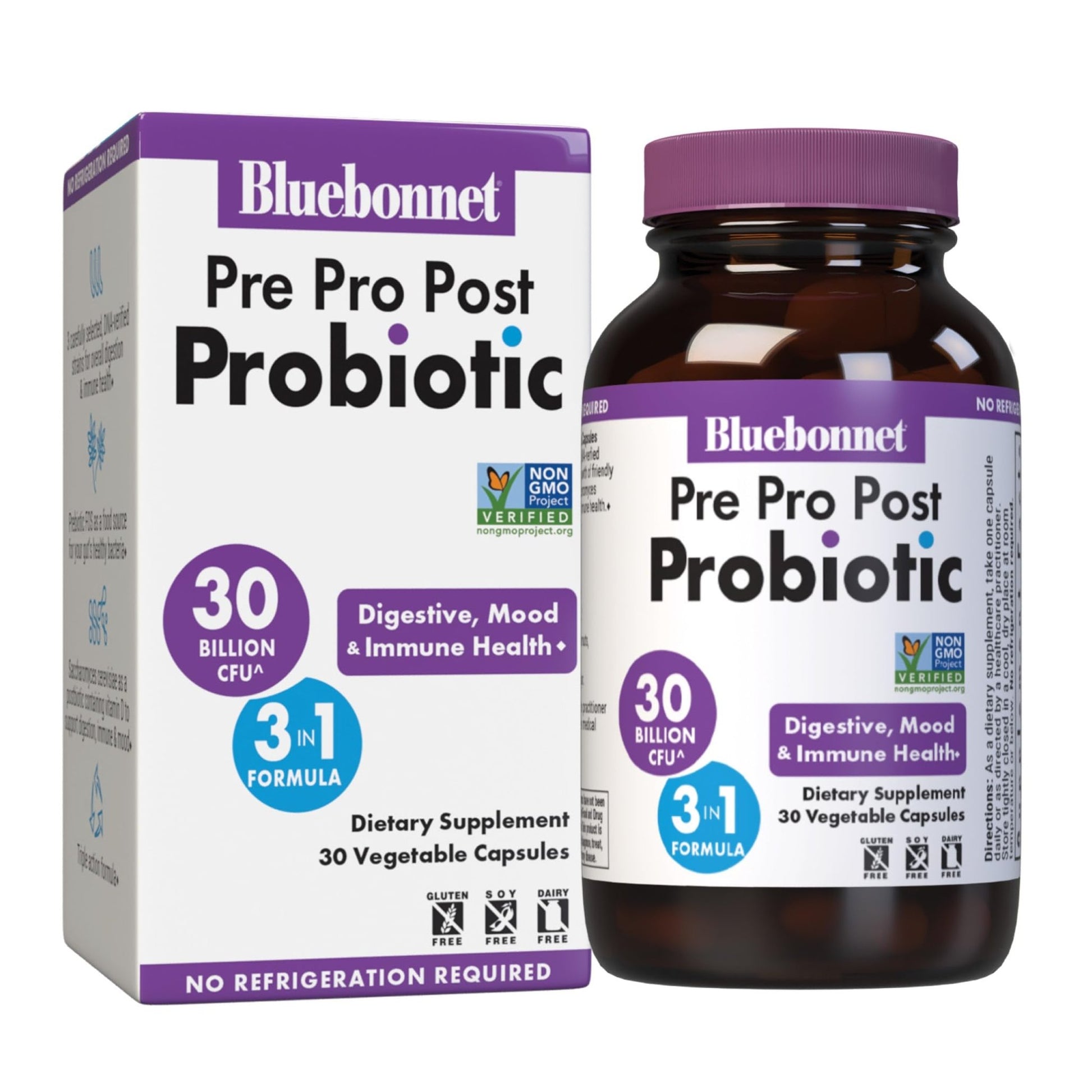 BlueBonnet Nutrition Pre Pro Post Probiotic 30 Billion CFU^ Shelf Stable – for Women & Men Digestion, Gut, Mood, Immune* - Free of Dairy, Gluten & Soy - Non-GMO - 30 Vegetable Capsules, 30 Servings - OzHealthStandard