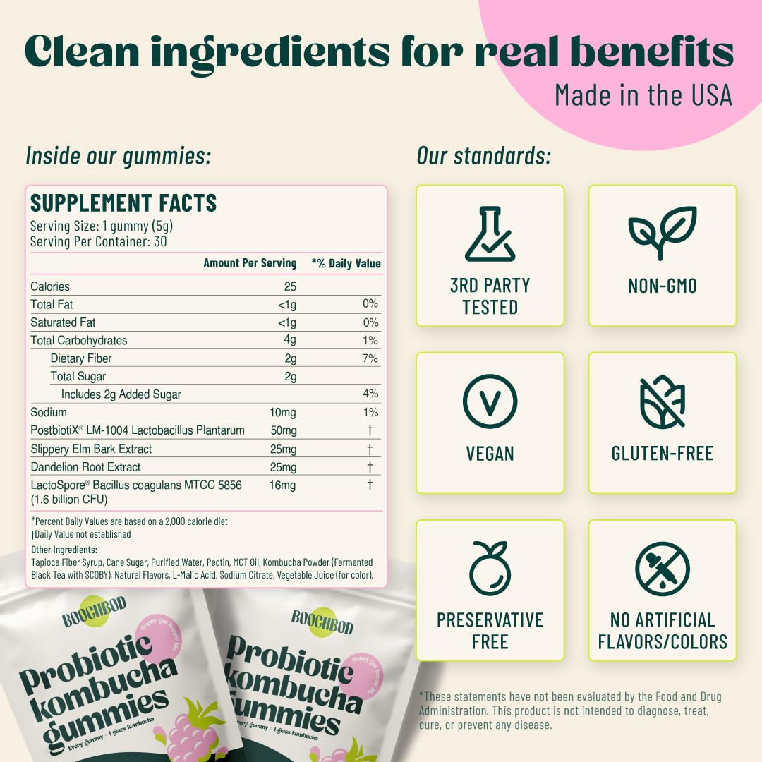 BoochBod - Probiotic Kombucha Gummy - Prebiotics, Probiotics, Postbiotics, Fiber Supplement, Slippery Elm, Dandelion Root - OzHealthStandard