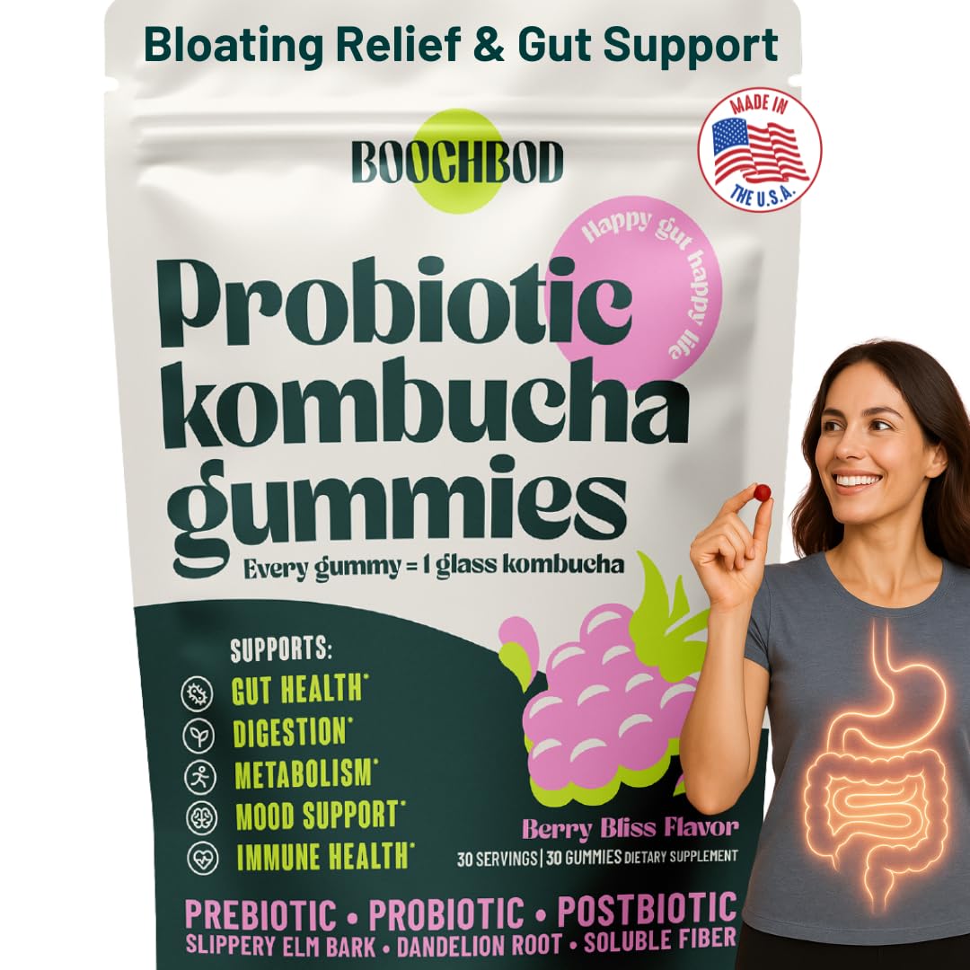 BoochBod - Probiotic Kombucha Gummy - Prebiotics, Probiotics, Postbiotics, Fiber Supplement, Slippery Elm, Dandelion Root - OzHealthStandard