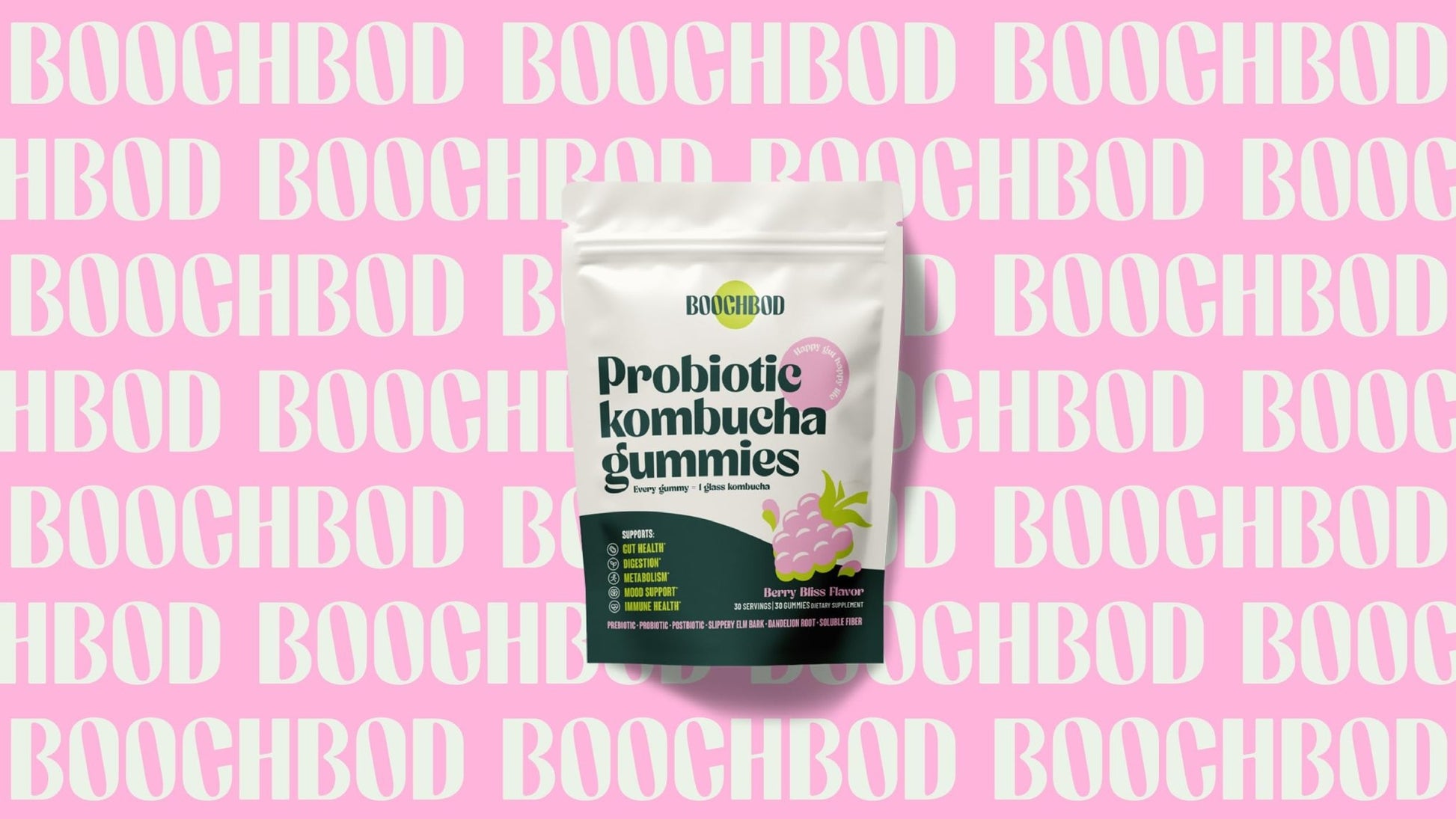 BoochBod - Probiotic Kombucha Gummy - Prebiotics, Probiotics, Postbiotics, Fiber Supplement, Slippery Elm, Dandelion Root - OzHealthStandard