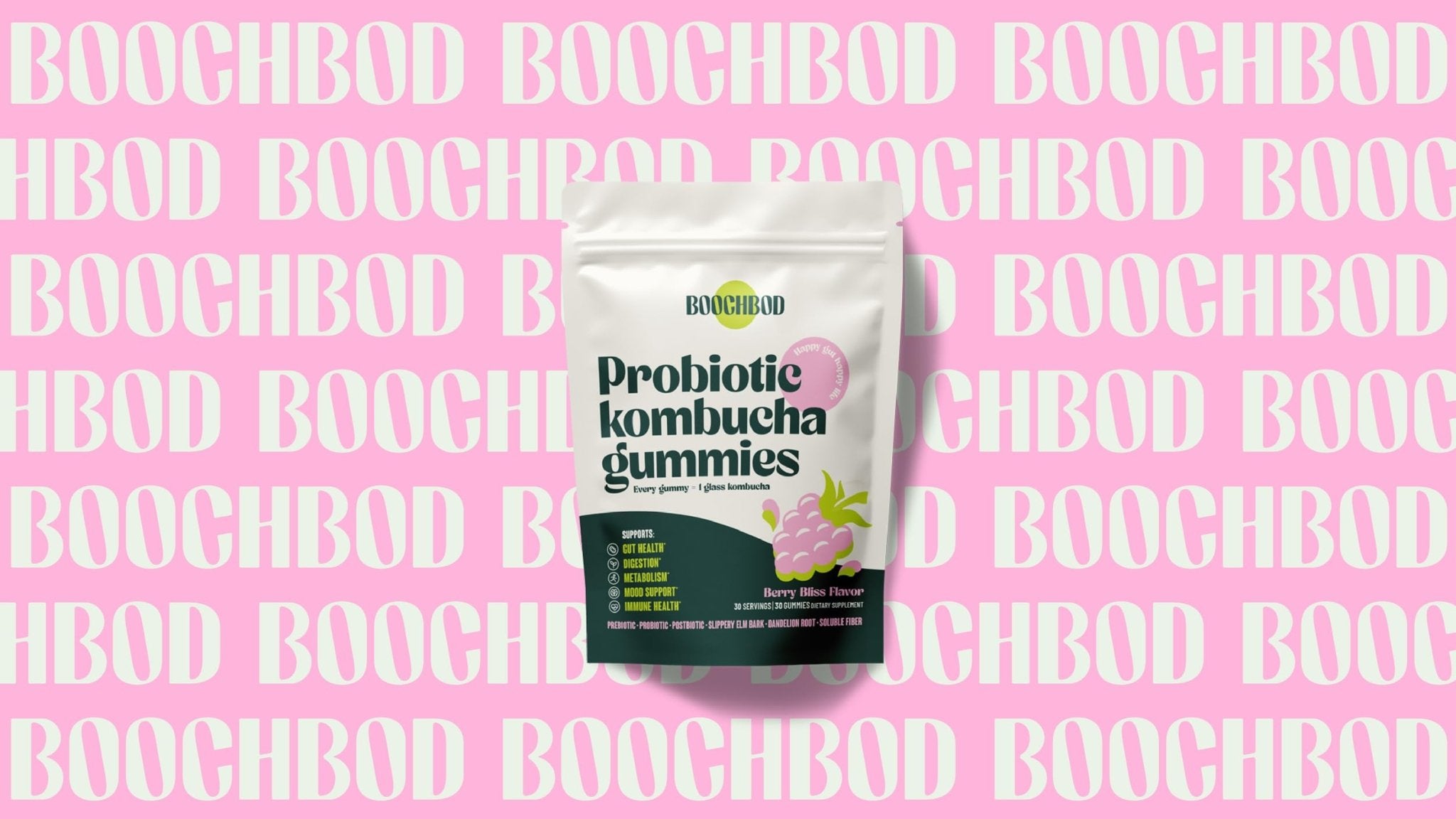 BoochBod - Probiotic Kombucha Gummy - Prebiotics, Probiotics, Postbiotics, Fiber Supplement, Slippery Elm, Dandelion Root - OzHealthStandard