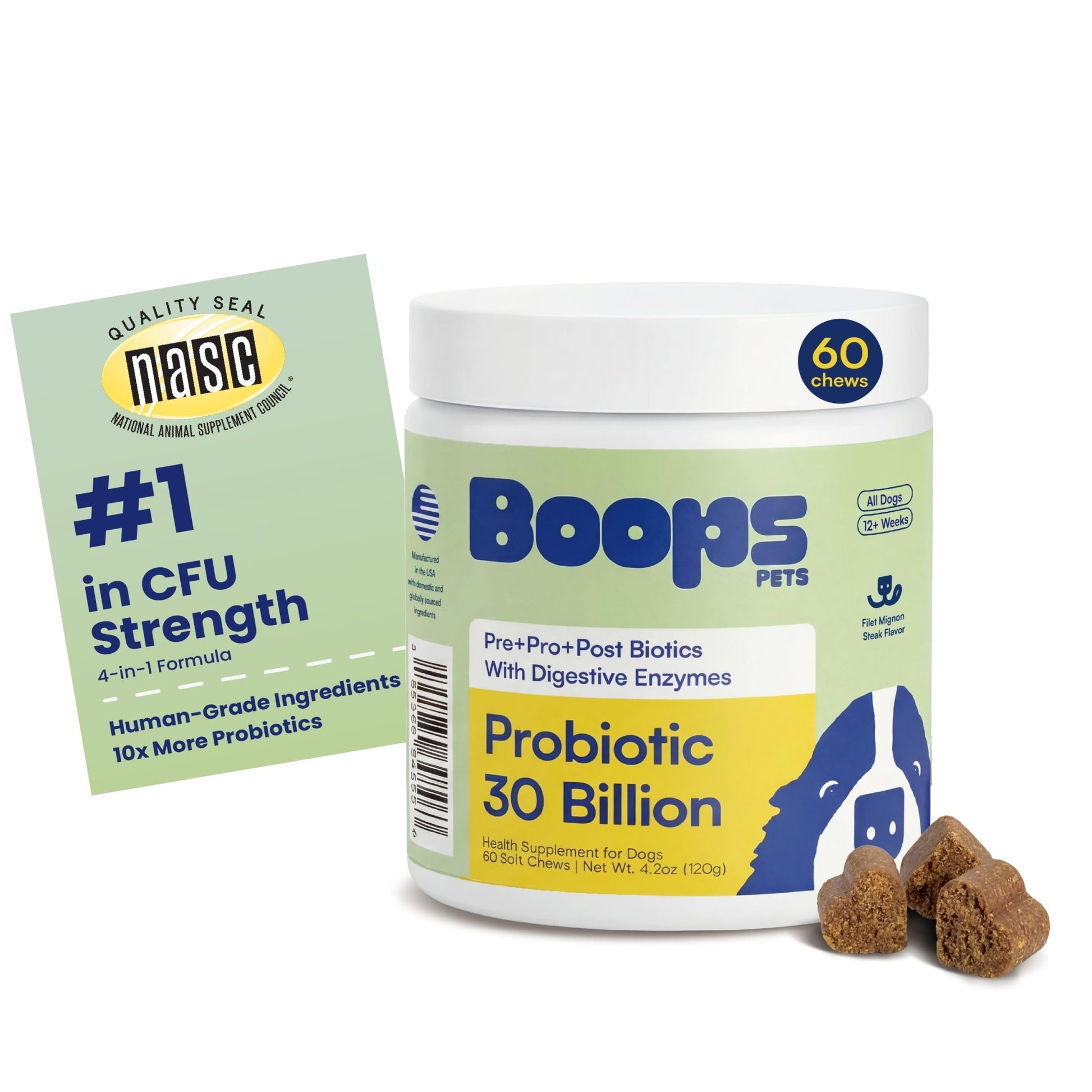 Boops Pets Probiotics for Dogs – 30 Billion CFU with Pre, Postbiotics & Digestive Enzymes – Supports Gut Health, Immunity, Loose Stools & Allergies – Filet Mignon Flavor – Vet Formulated – 60 Chews - OzHealthStandard