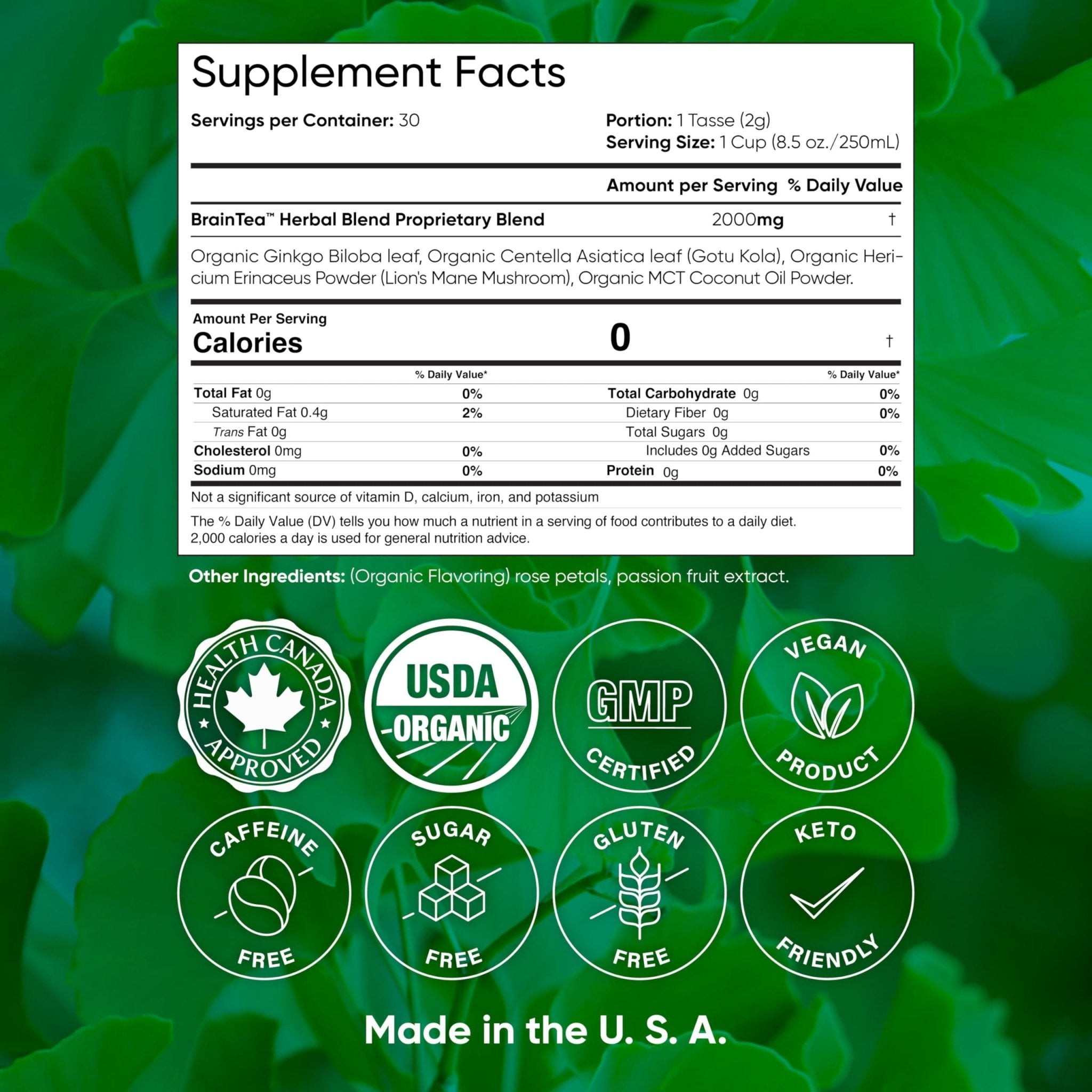 Brain Tea Focus & Memory - Brain Tea Organic Certified 4-in-1 Nootropic Herbal Supplement with Ginkgo Biloba, Gotu Kola, Lion’s Mane Mushroom, MCT Caffeine-Free for Mental Clarity (30 Sachets) - OzHealthStandard