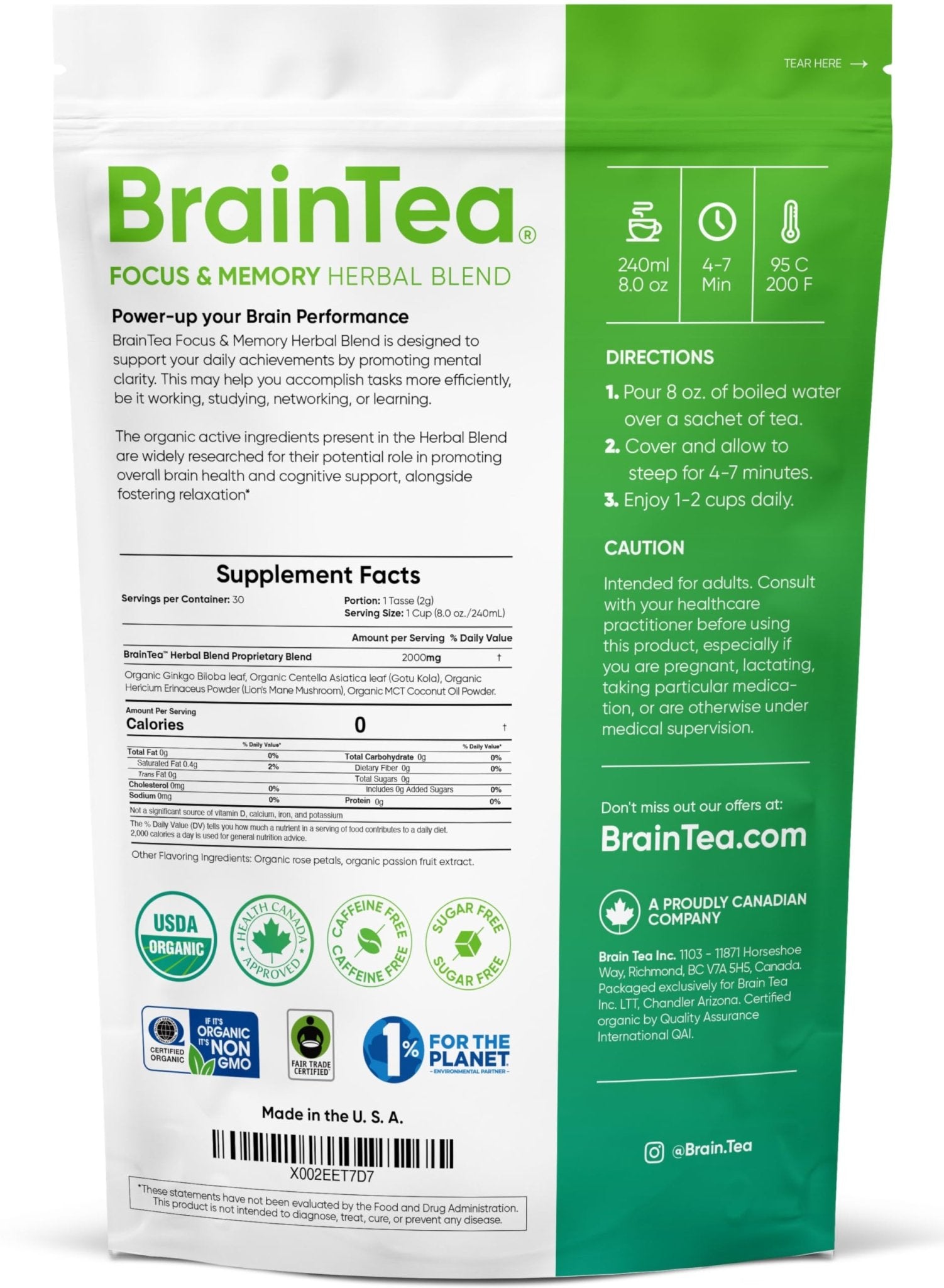Brain Tea Focus & Memory - Brain Tea Organic Certified 4-in-1 Nootropic Herbal Supplement with Ginkgo Biloba, Gotu Kola, Lion’s Mane Mushroom, MCT Caffeine-Free for Mental Clarity (30 Sachets) - OzHealthStandard