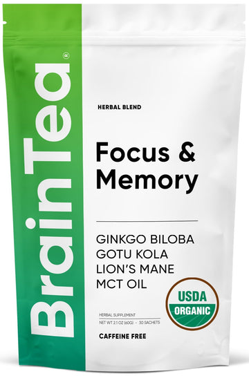 Brain Tea Focus & Memory - Brain Tea Organic Certified 4-in-1 Nootropic Herbal Supplement with Ginkgo Biloba, Gotu Kola, Lion’s Mane Mushroom, MCT Caffeine-Free for Mental Clarity (30 Sachets) - OzHealthStandard