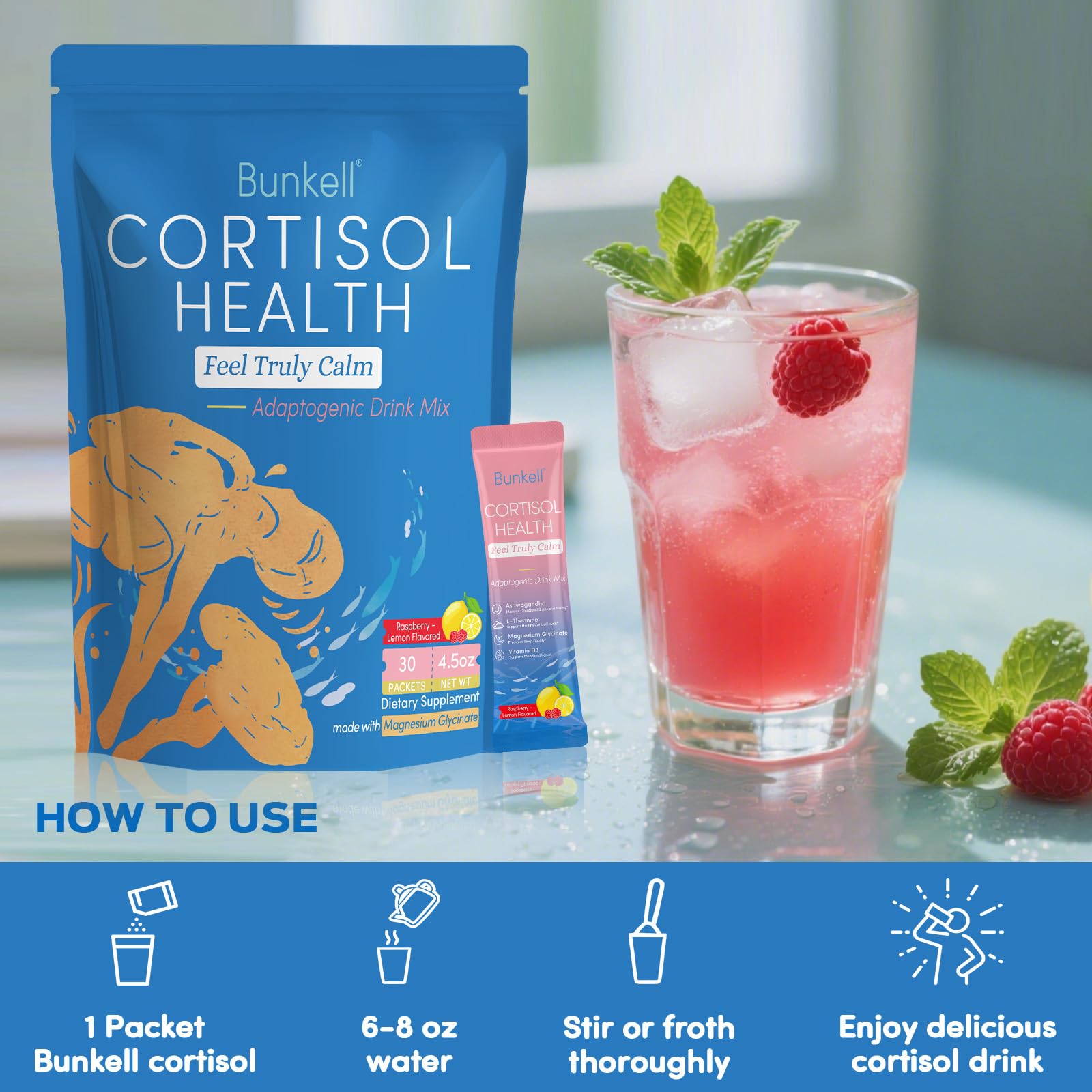 Bunkell Cortisol Powdered Drink Mix, Made with Magnesium Glycinate, L-Theanine, Ashwagandha & Vitamin D3, Cortisol Supplements for Relaxation, Focus & Calm Support, Raspberry Lemonade Flavor, 30 Ct - OzHealthStandard