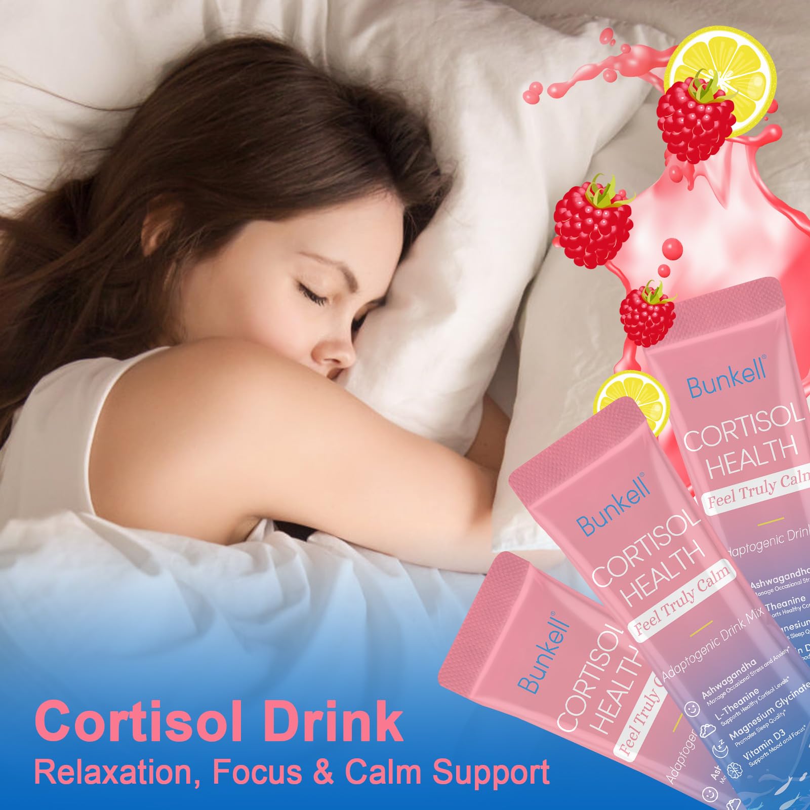 Bunkell Cortisol Powdered Drink Mix, Made with Magnesium Glycinate, L-Theanine, Ashwagandha & Vitamin D3, Cortisol Supplements for Relaxation, Focus & Calm Support, Raspberry Lemonade Flavor, 30 Ct - OzHealthStandard