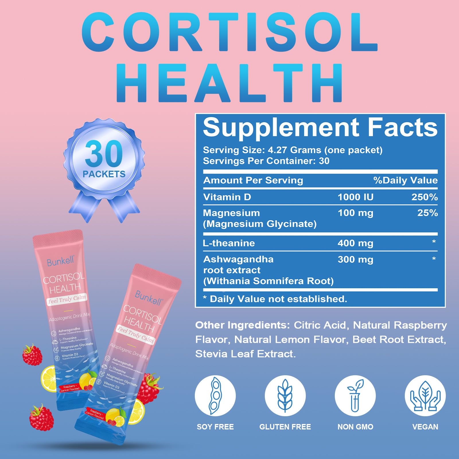 Bunkell Cortisol Powdered Drink Mix, Made with Magnesium Glycinate, L-Theanine, Ashwagandha & Vitamin D3, Cortisol Supplements for Relaxation, Focus & Calm Support, Raspberry Lemonade Flavor, 30 Ct - OzHealthStandard