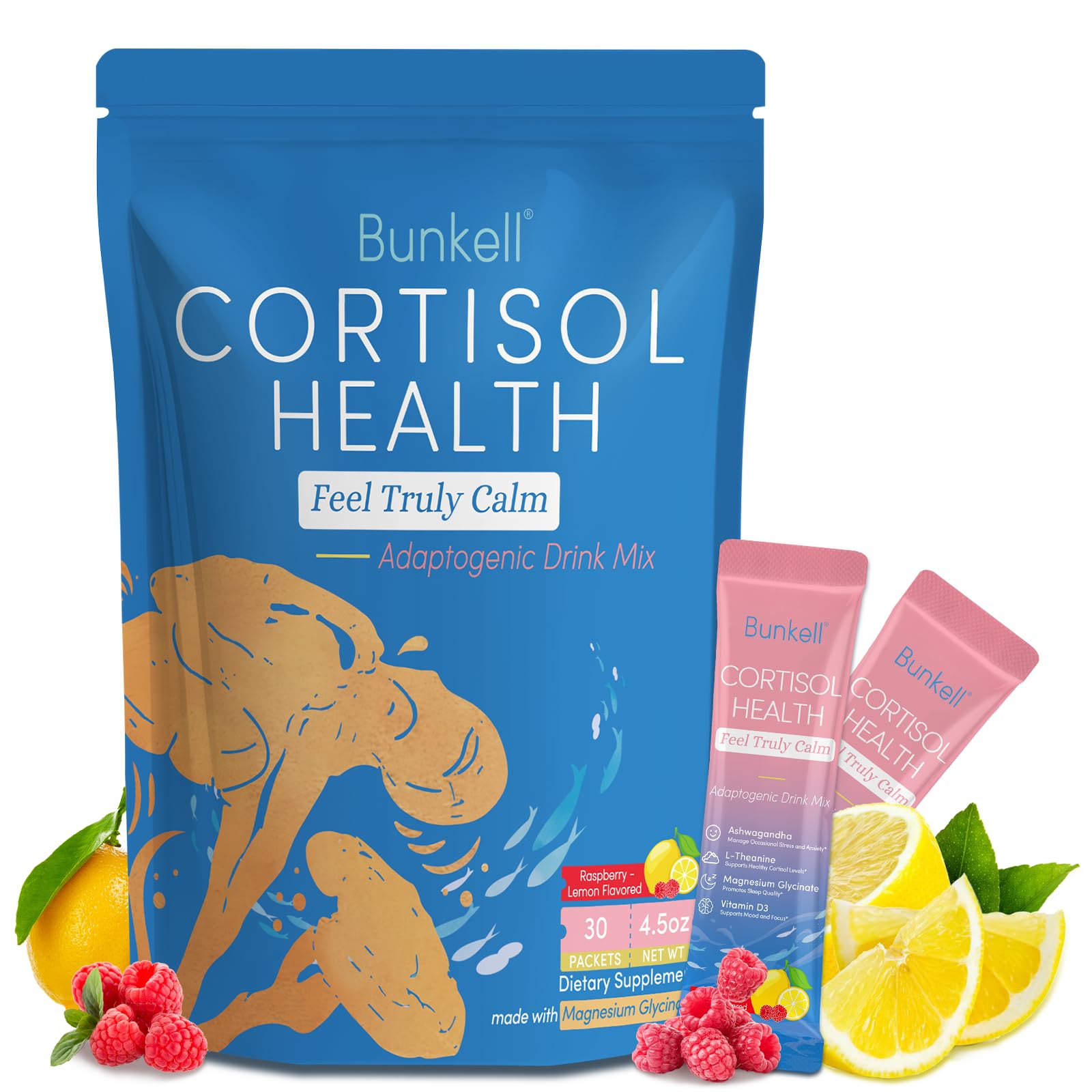 Bunkell Cortisol Powdered Drink Mix, Made with Magnesium Glycinate, L-Theanine, Ashwagandha & Vitamin D3, Cortisol Supplements for Relaxation, Focus & Calm Support, Raspberry Lemonade Flavor, 30 Ct - OzHealthStandard