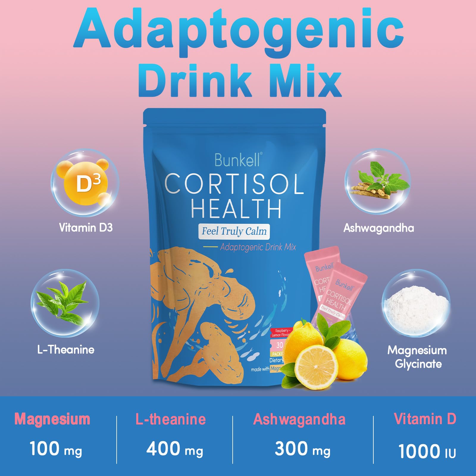 Bunkell Cortisol Powdered Drink Mix, Made with Magnesium Glycinate, L-Theanine, Ashwagandha & Vitamin D3, Cortisol Supplements for Relaxation, Focus & Calm Support, Raspberry Lemonade Flavor, 30 Ct - OzHealthStandard