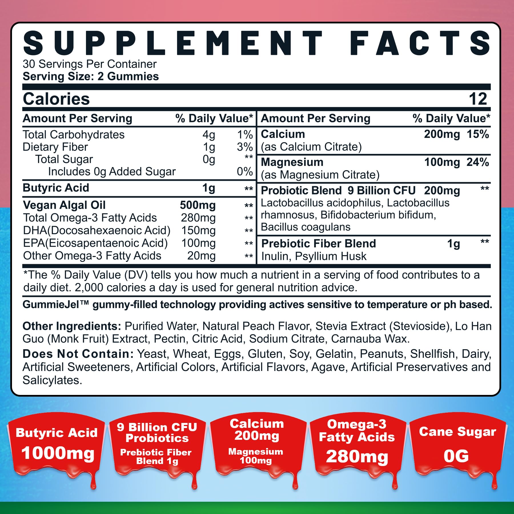 Butyrate Gummies with Probiotic + Prebiotic + Postbiotic, Omega-3 500mg,Fiber with 9 Billion CFU Probiotics, Calcium & Magnesium, Inulin,Psyllium Husk for Digestive Health,Bloating Support,Sugar Free - OzHealthStandard