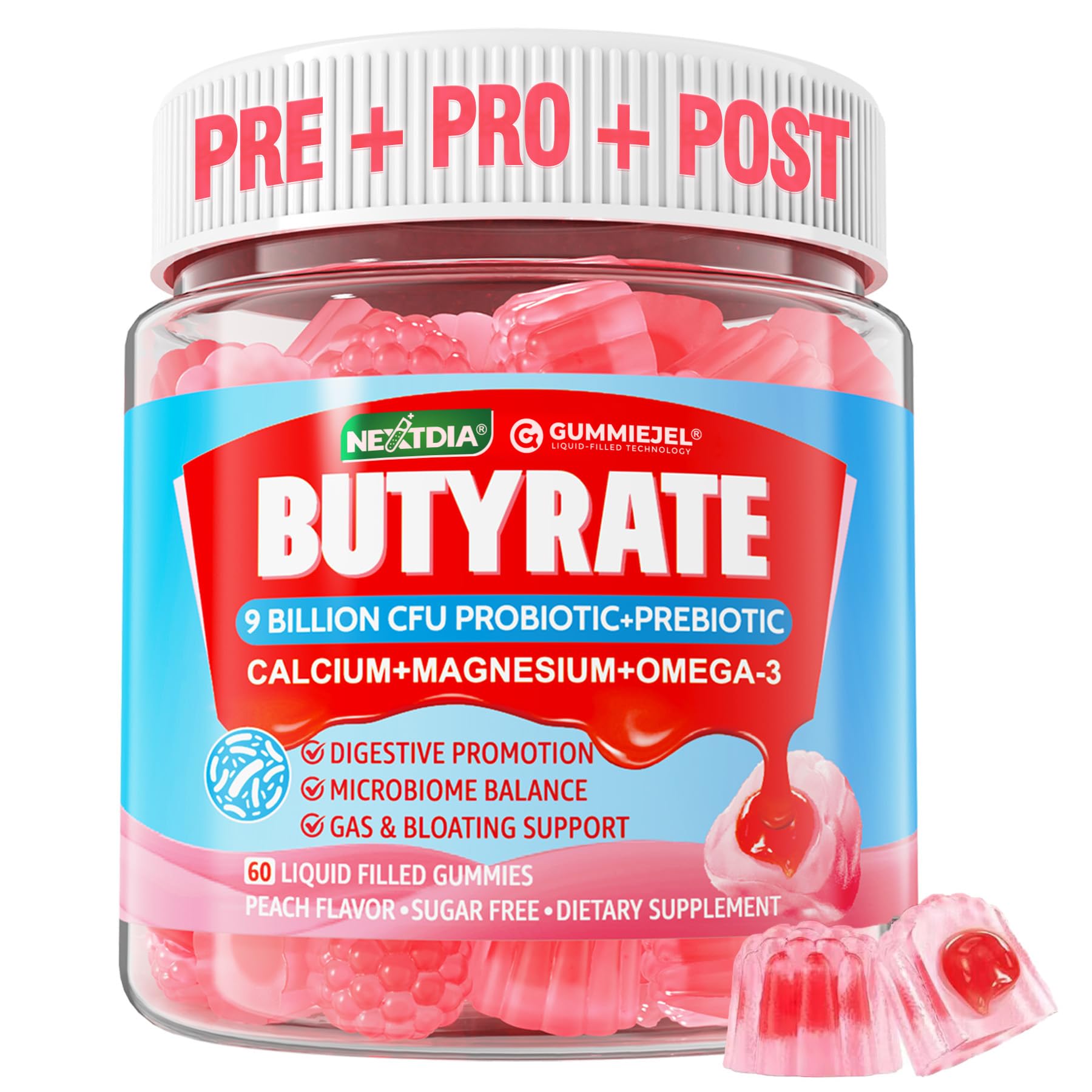 Butyrate Gummies with Probiotic + Prebiotic + Postbiotic, Omega-3 500mg,Fiber with 9 Billion CFU Probiotics, Calcium & Magnesium, Inulin,Psyllium Husk for Digestive Health,Bloating Support,Sugar Free - OzHealthStandard