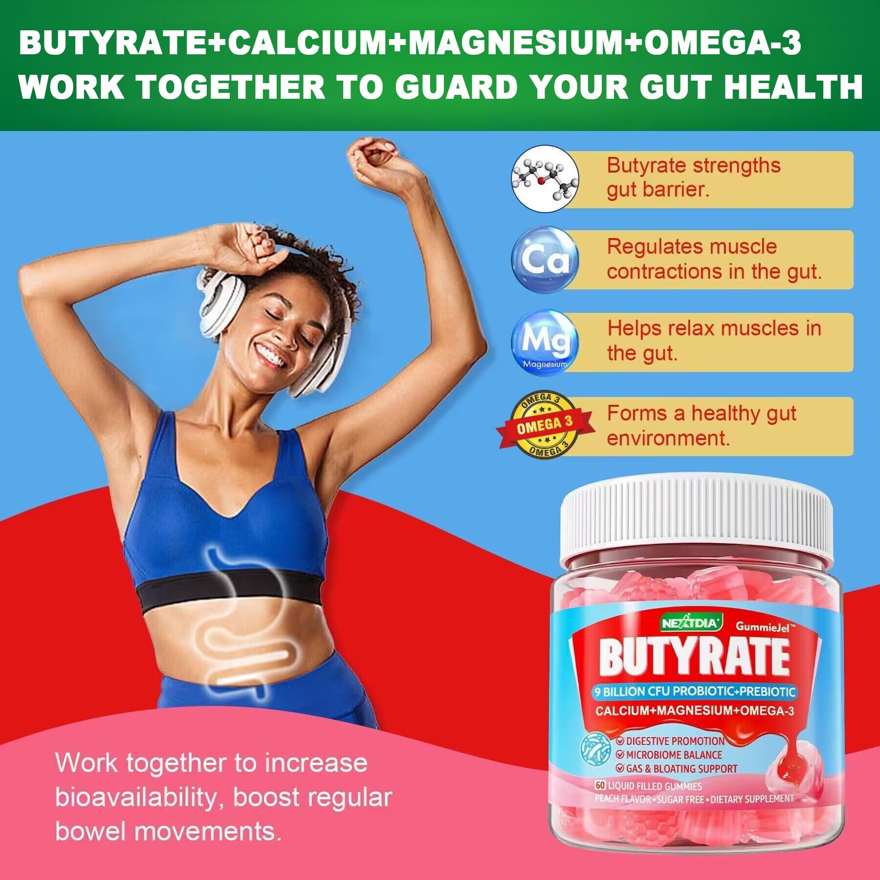 Butyrate Gummies with Probiotic + Prebiotic + Postbiotic, Omega-3 500mg,Fiber with 9 Billion CFU Probiotics, Calcium & Magnesium, Inulin,Psyllium Husk for Digestive Health,Bloating Support,Sugar Free - OzHealthStandard