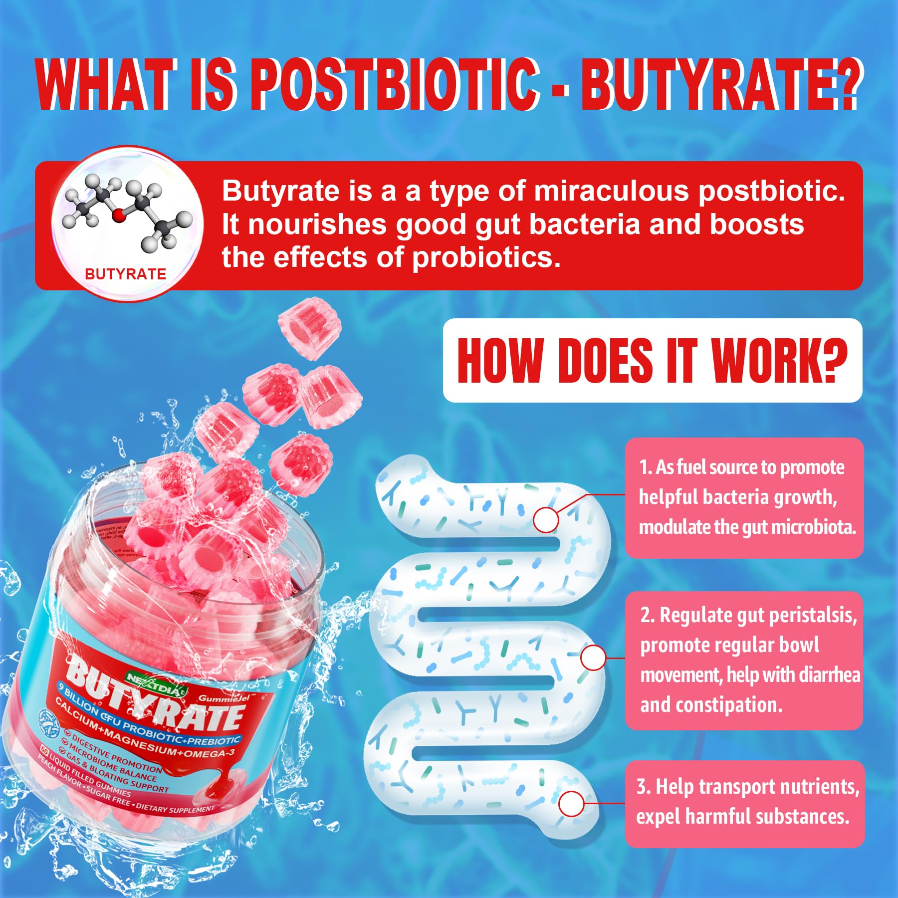 Butyrate Gummies with Probiotic + Prebiotic + Postbiotic, Omega-3 500mg,Fiber with 9 Billion CFU Probiotics, Calcium & Magnesium, Inulin,Psyllium Husk for Digestive Health,Bloating Support,Sugar Free - OzHealthStandard