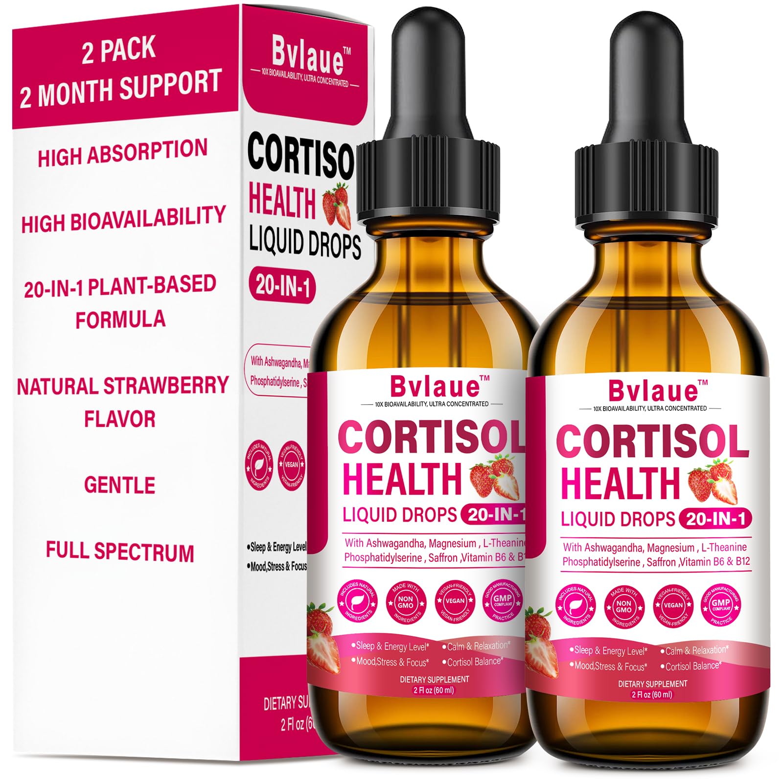 Bvlaue Cortisol Supplements Detox for Women - 20-in-1 Cortisol Reducer,Manager,Lower w/Ashwagandha,Magnesium,L-Theanine,Saffron,Rhodiola for Hormone Balance/Sleep/Stress Relief,Strawberry Flavor - OzHealthStandard