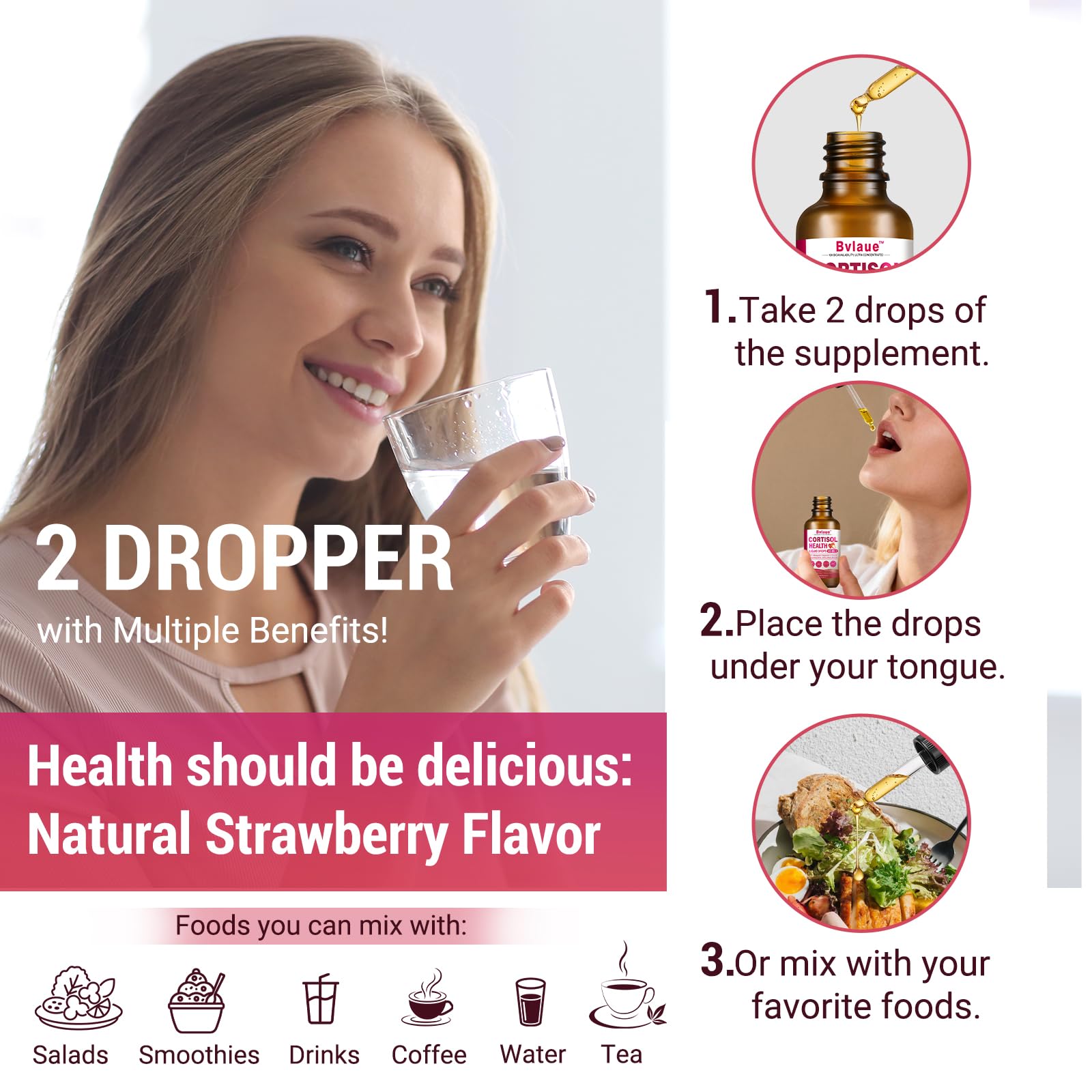 Bvlaue Cortisol Supplements Detox for Women - 20-in-1 Cortisol Reducer,Manager,Lower w/Ashwagandha,Magnesium,L-Theanine,Saffron,Rhodiola for Hormone Balance/Sleep/Stress Relief,Strawberry Flavor - OzHealthStandard
