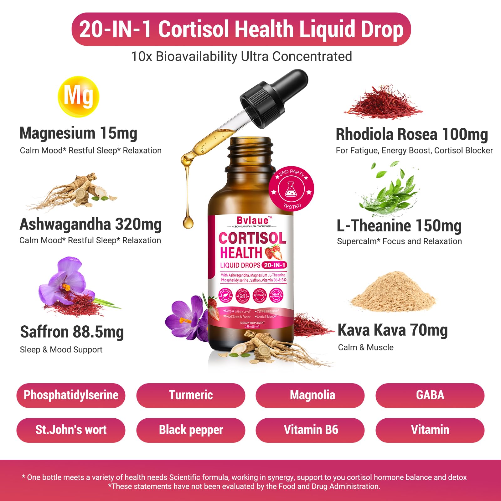 Bvlaue Cortisol Supplements Detox for Women - 20-in-1 Cortisol Reducer,Manager,Lower w/Ashwagandha,Magnesium,L-Theanine,Saffron,Rhodiola for Hormone Balance/Sleep/Stress Relief,Strawberry Flavor - OzHealthStandard