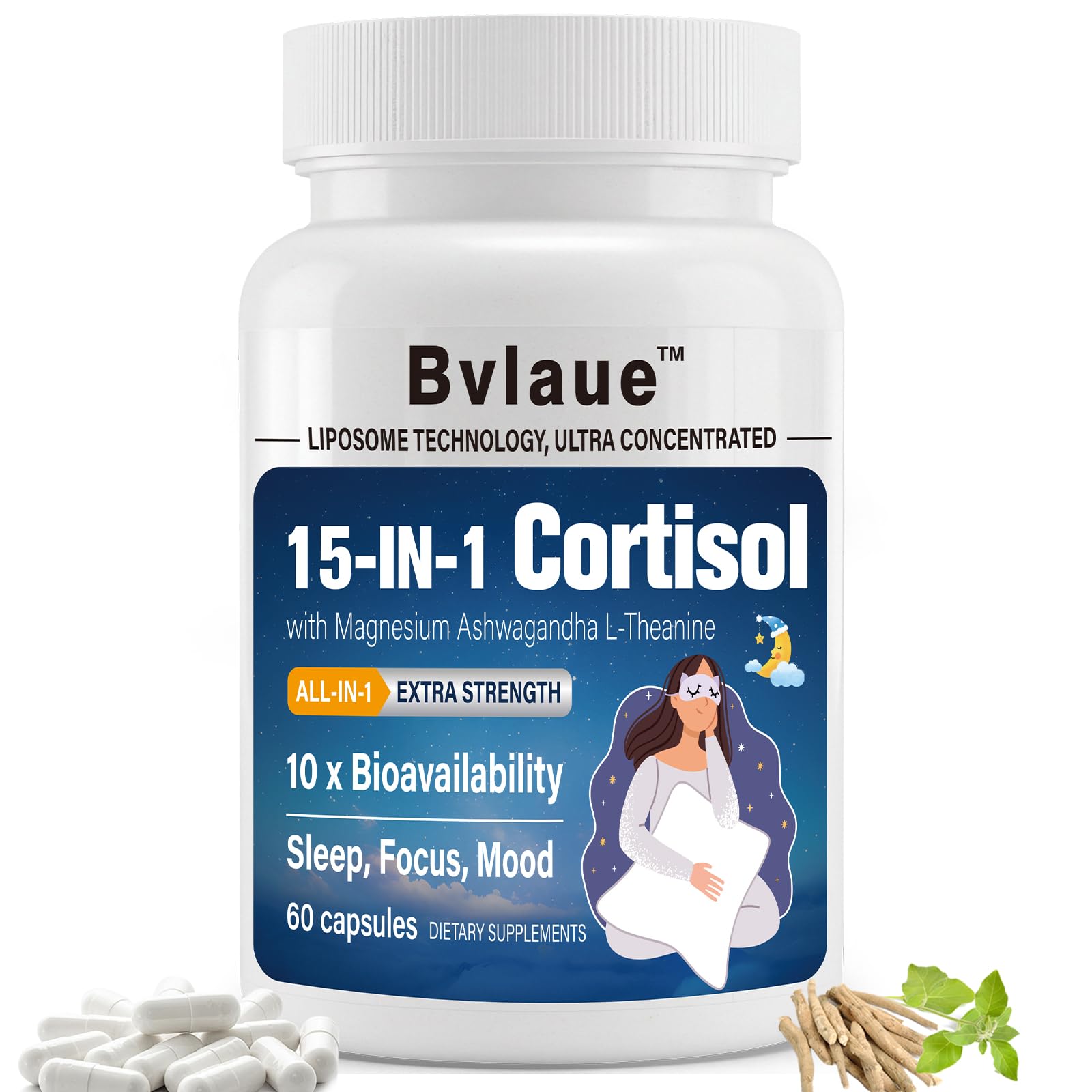 Bvlaue Cortisol Supplements for Women & Men - 15-in-1 Cortisol Reducer Manager Lower w/Ashwagandha,Magnesium,L-Theanine/Saffron Vitamin B6 & B12,60 Vegan CT for Stress Relief Sleep,Mood,Non-GMO - OzHealthStandard