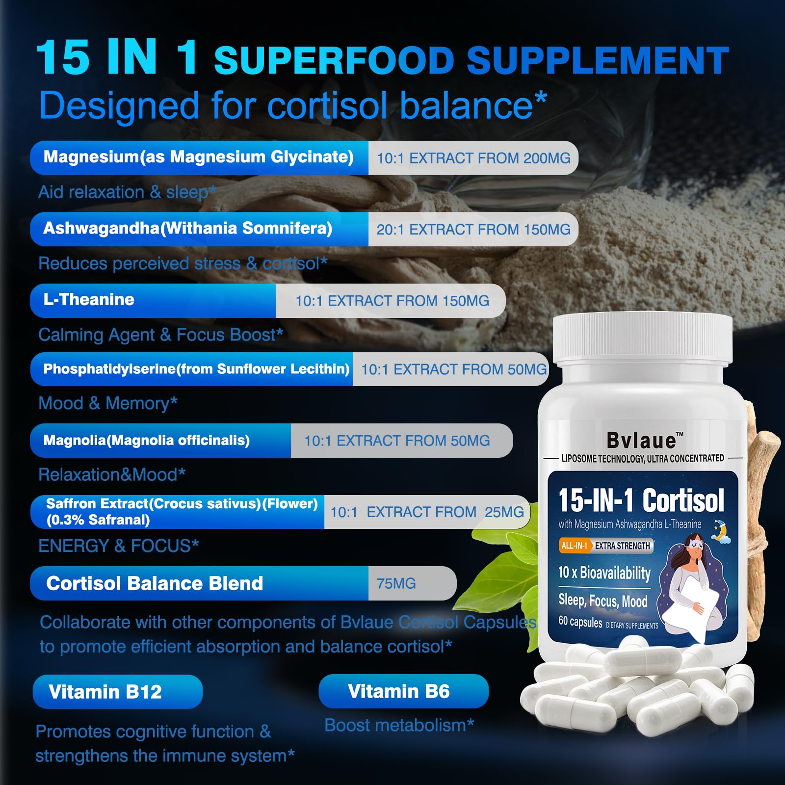 Bvlaue Cortisol Supplements for Women & Men - 15-in-1 Cortisol Reducer Manager Lower w/Ashwagandha,Magnesium,L-Theanine/Saffron Vitamin B6 & B12,60 Vegan CT for Stress Relief Sleep,Mood,Non-GMO - OzHealthStandard