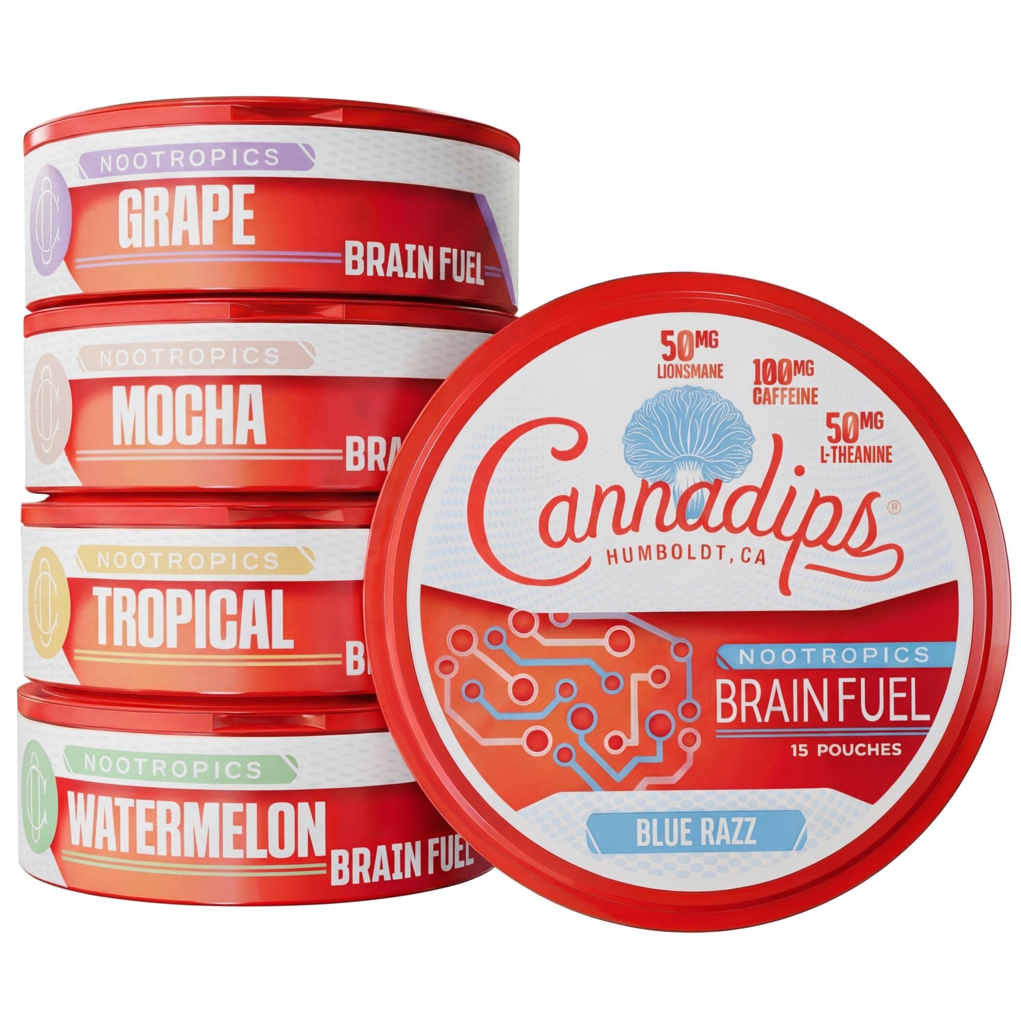 Cannadips - Brain Fuel Variety Pack - Nootropic Caffeine Pouches - 50mg Lion's Mane, 100mg Caffeine, 50mg L-Theanine, No Sugar - Clean Energy Brain Fuel for Cognitive Performance, Made in USA (5-PACK) - OzHealthStandard
