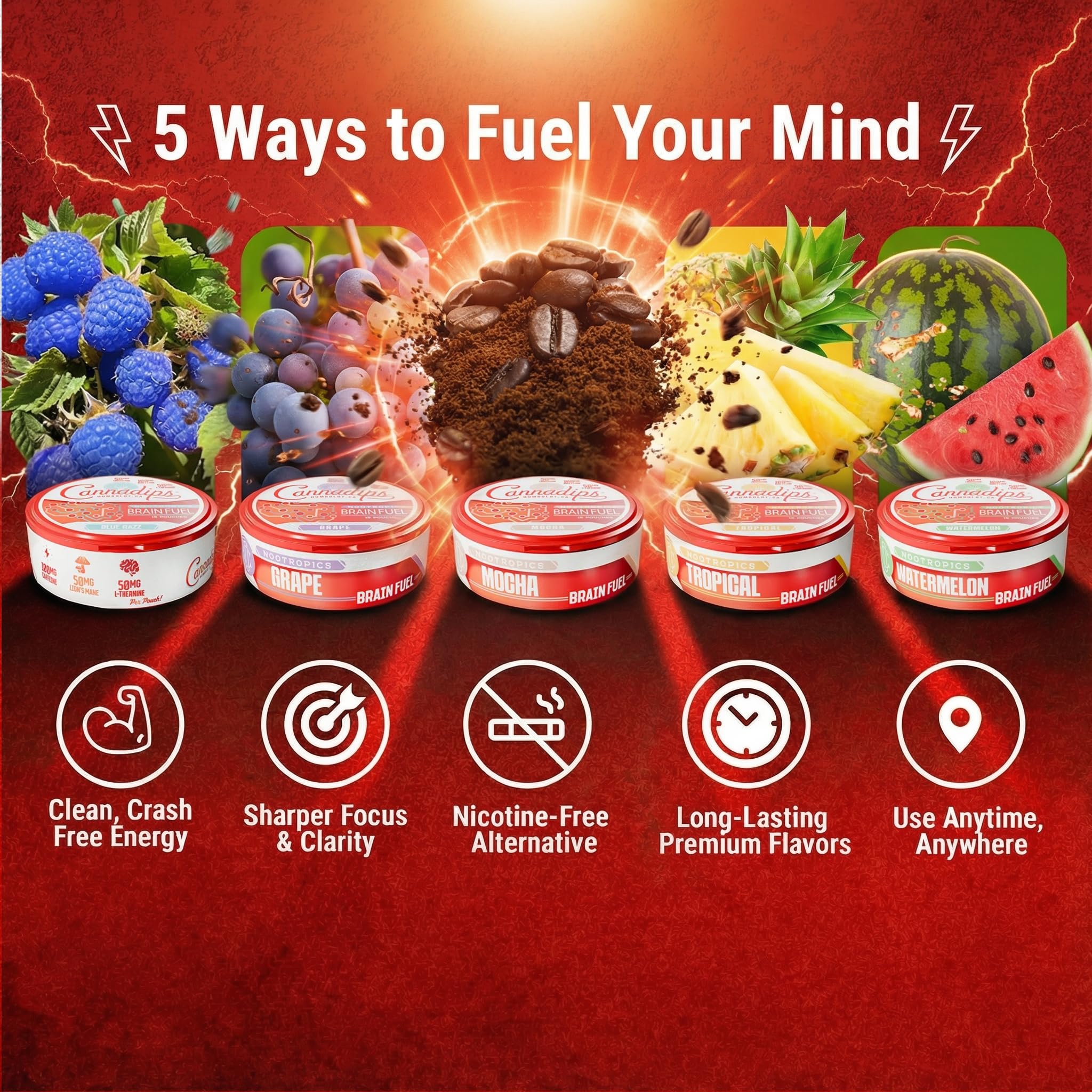 Cannadips - Brain Fuel Variety Pack - Nootropic Caffeine Pouches - 50mg Lion's Mane, 100mg Caffeine, 50mg L-Theanine, No Sugar - Clean Energy Brain Fuel for Cognitive Performance, Made in USA (5-PACK) - OzHealthStandard