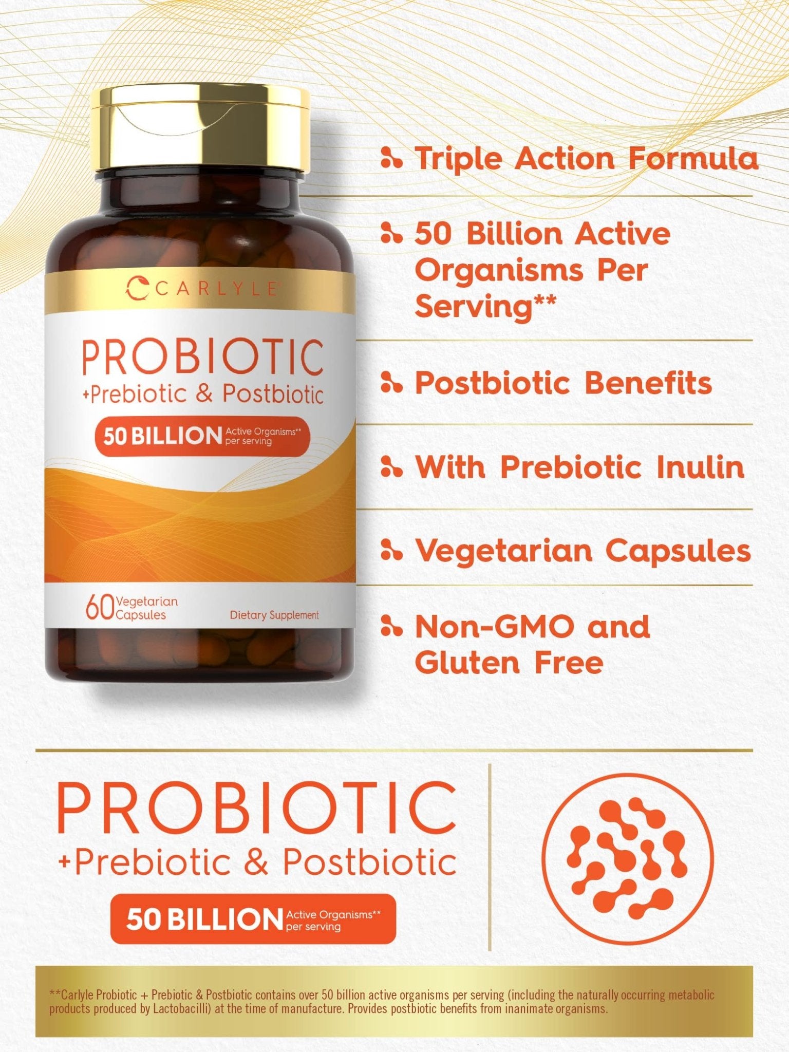 Carlyle Probiotic for Women and Men | 50 Billion CFU | 60 Capsules | Plus Prebiotic and Postbiotic | Complex Supplement | Vegetarian, Non-GMO, and Gluten Free - OzHealthStandard