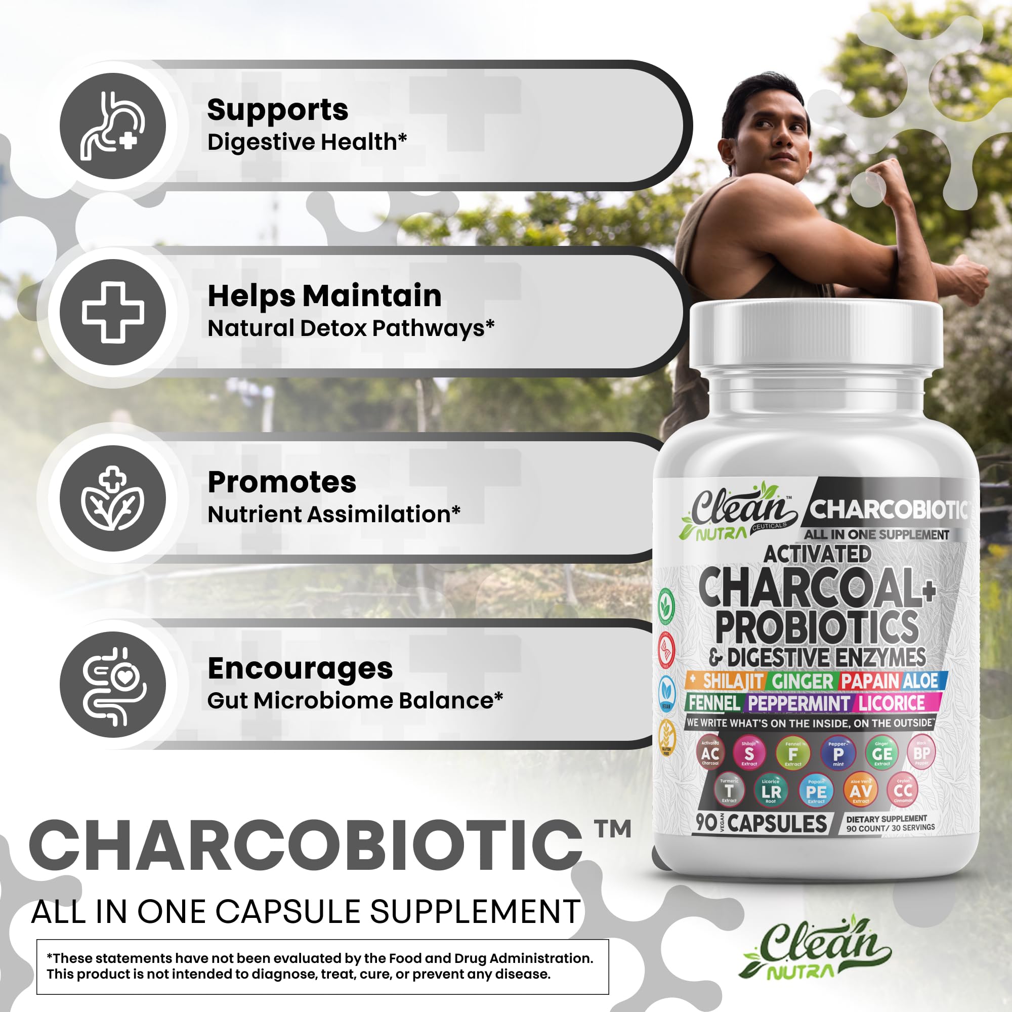 Clean Nutra Activated Charcoal Pills + Shilajit Probiotic Digestive Enzymes for Digestive Health Capsules with Peppermint Fennel Licorice Papain Ginger Turmeric Powder | Gut Health - OzHealthStandard