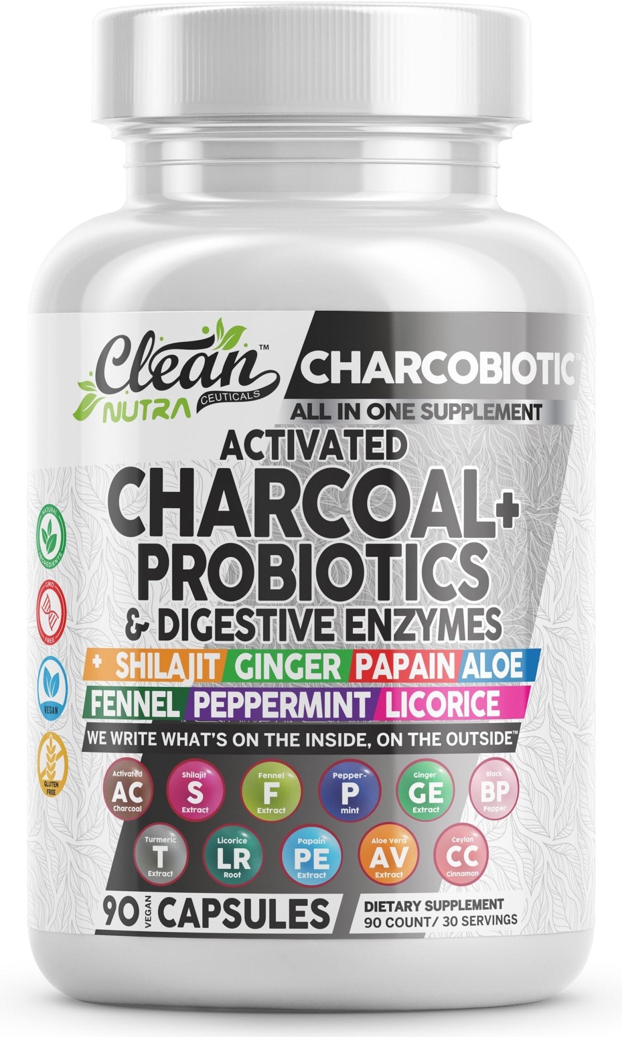 Clean Nutra Activated Charcoal Pills + Shilajit Probiotic Digestive Enzymes for Digestive Health Capsules with Peppermint Fennel Licorice Papain Ginger Turmeric Powder | Gut Health - OzHealthStandard