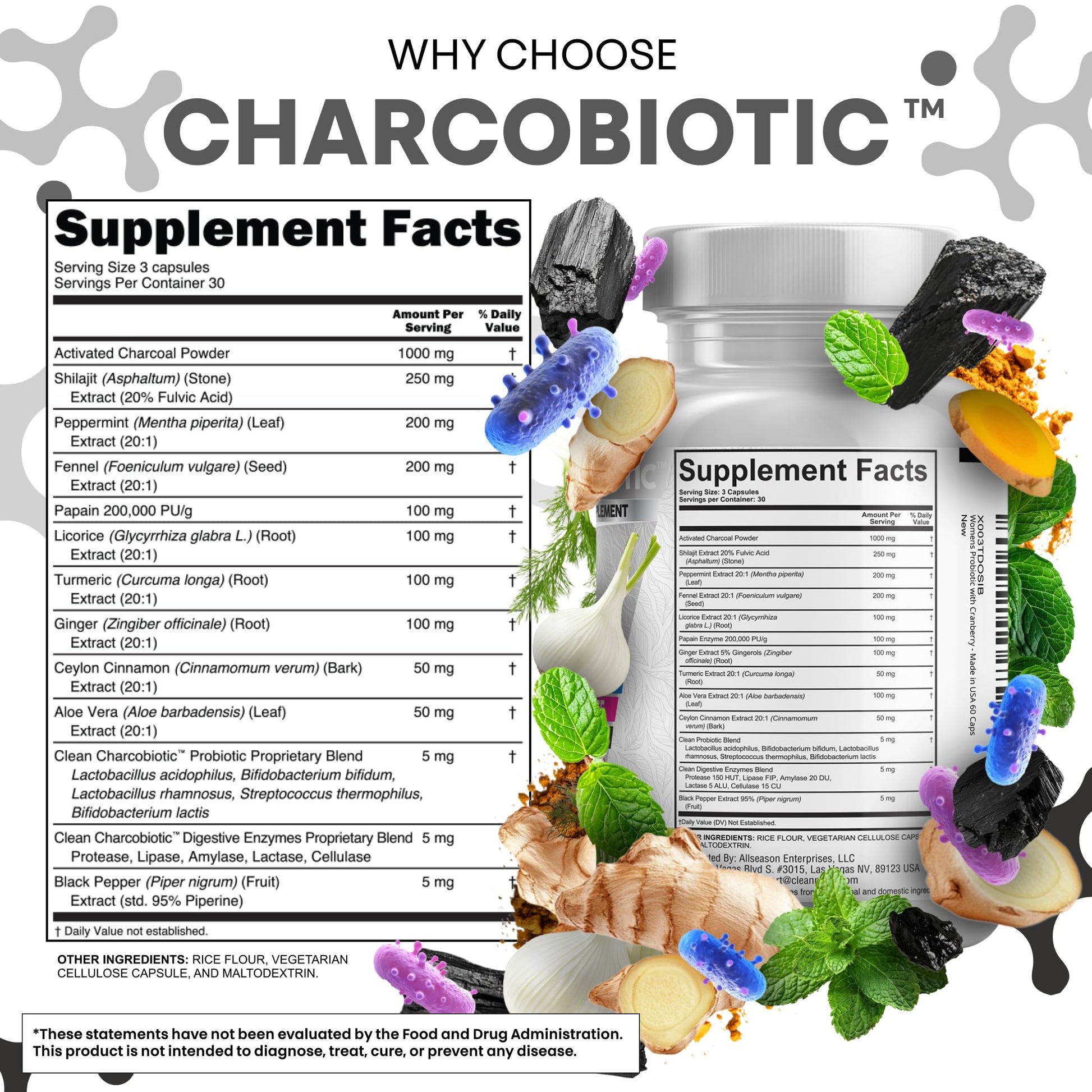 Clean Nutra Activated Charcoal Pills + Shilajit Probiotic Digestive Enzymes for Digestive Health Capsules with Peppermint Fennel Licorice Papain Ginger Turmeric Powder | Gut Health - OzHealthStandard