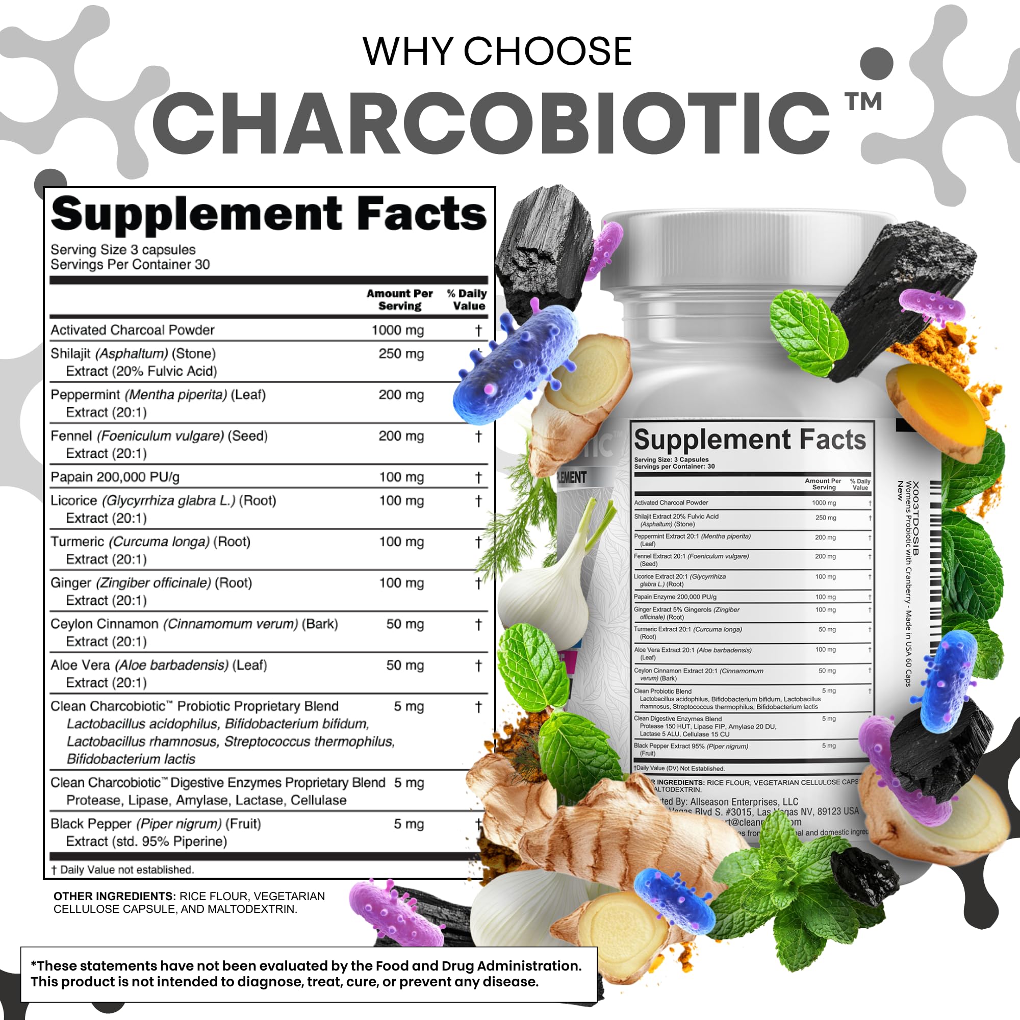 Clean Nutra Activated Charcoal Pills + Shilajit Probiotic Digestive Enzymes for Digestive Health Capsules with Peppermint Fennel Licorice Papain Ginger Turmeric Powder | Gut Health - OzHealthStandard