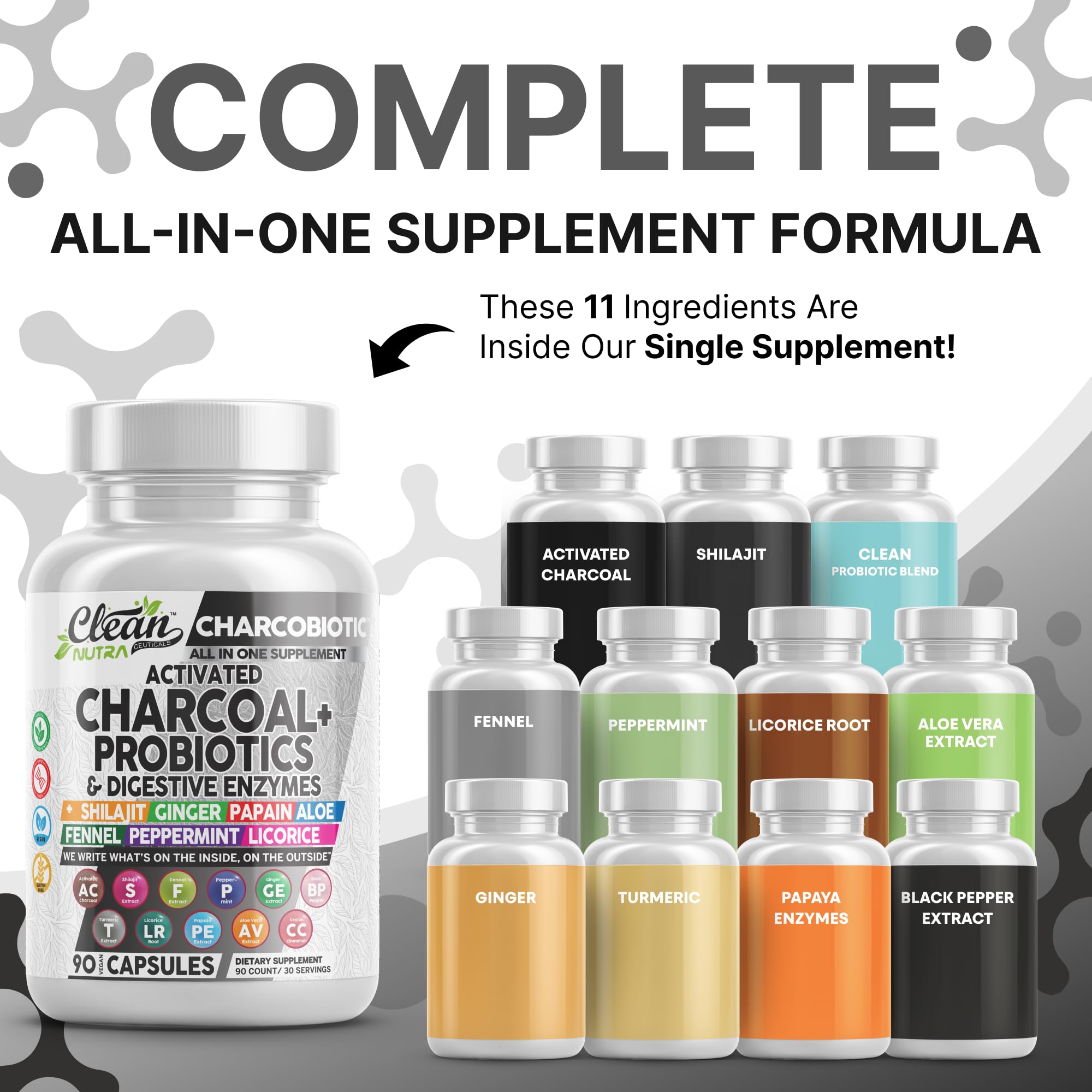 Clean Nutra Activated Charcoal Pills + Shilajit Probiotic Digestive Enzymes for Digestive Health Capsules with Peppermint Fennel Licorice Papain Ginger Turmeric Powder | Gut Health - OzHealthStandard