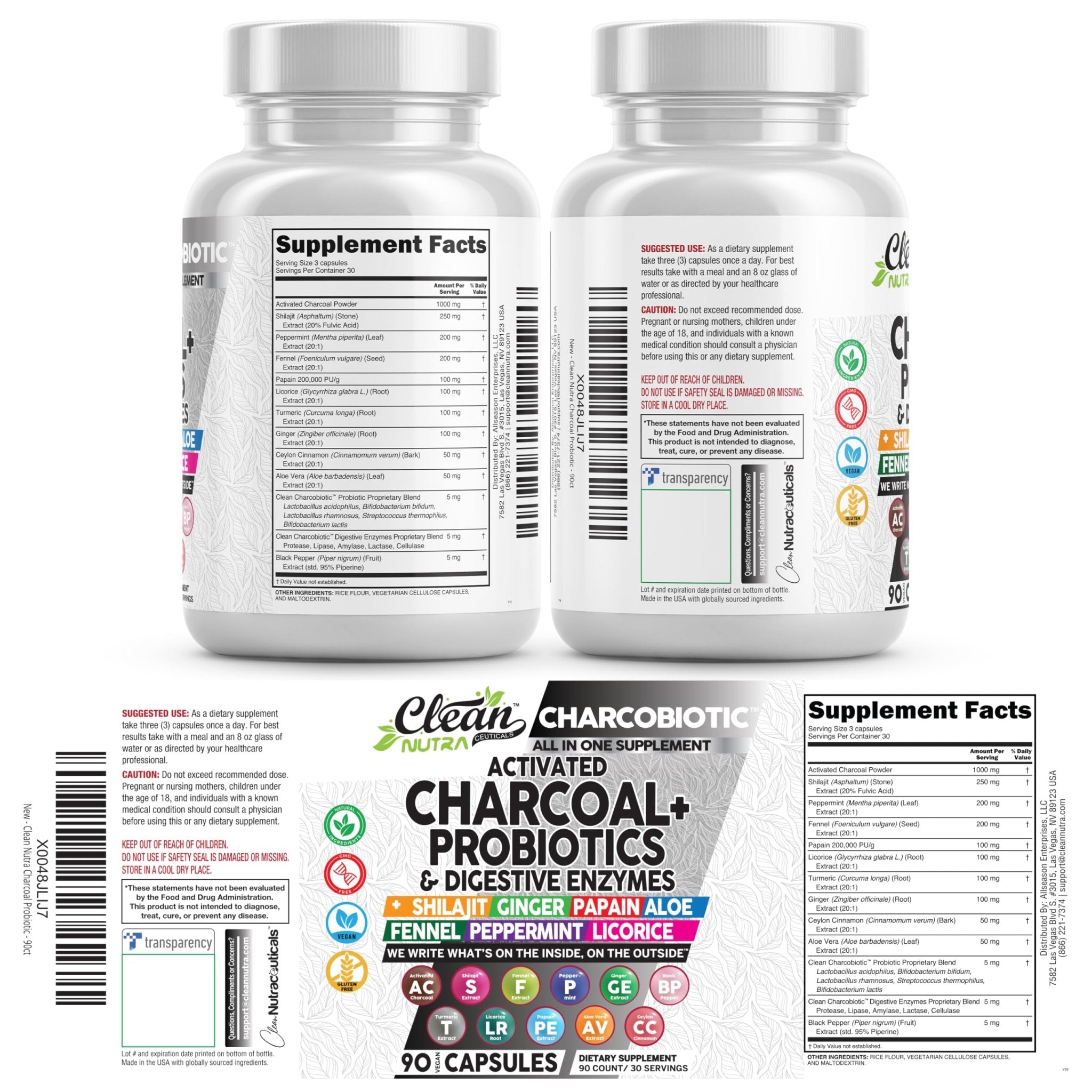 Clean Nutra Activated Charcoal Pills + Shilajit Probiotic Digestive Enzymes for Digestive Health Capsules with Peppermint Fennel Licorice Papain Ginger Turmeric Powder | Gut Health - OzHealthStandard