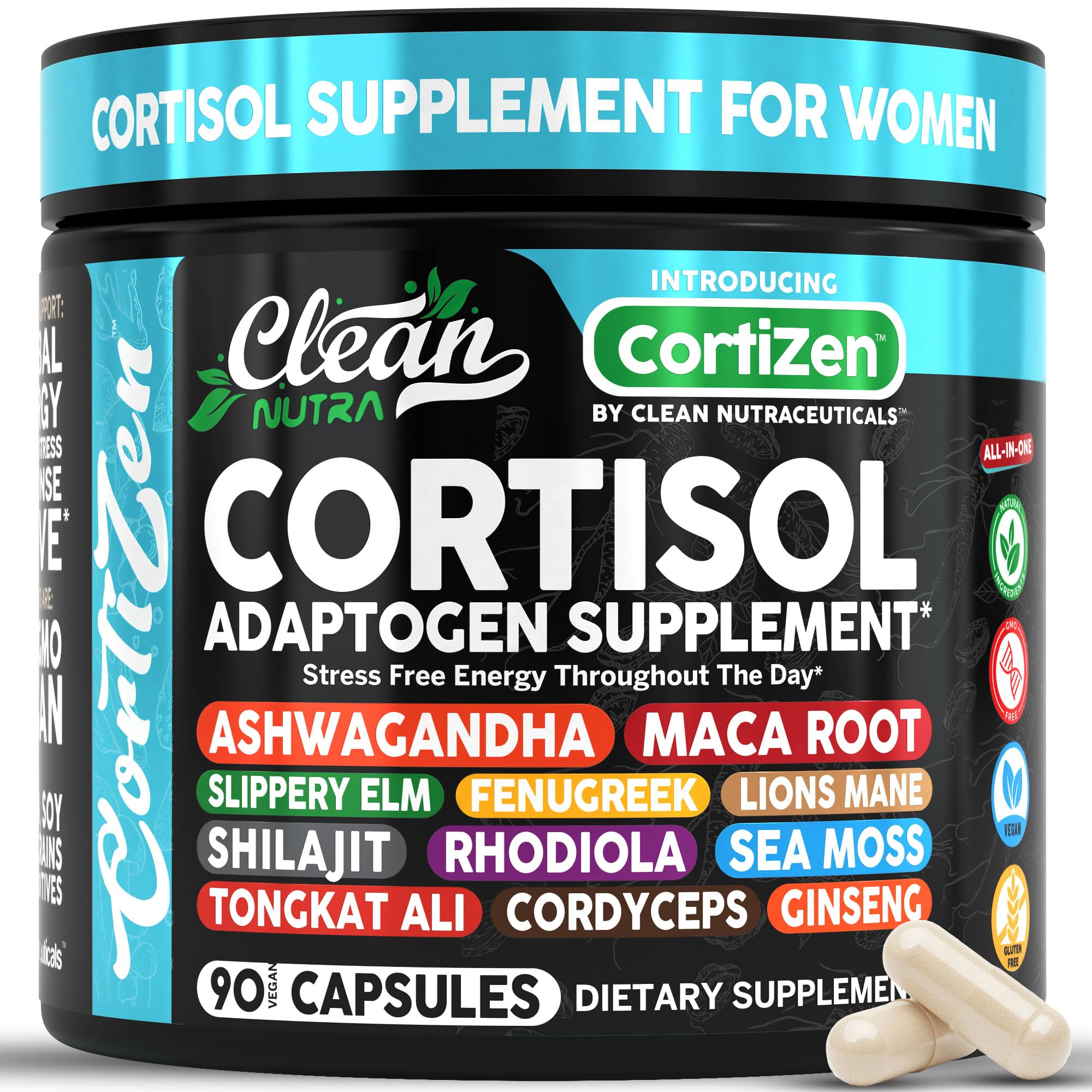Clean Nutra Cortisol Supplements For Women | Maca Root Ashwagandha Cortisol Detox Manager Reducer + Slippery Elm Fenugreek Lions Mane Shilajit Rhodiola Sea Moss Tongkat Ali Cordyceps Ginseng Beet Root - OzHealthStandard