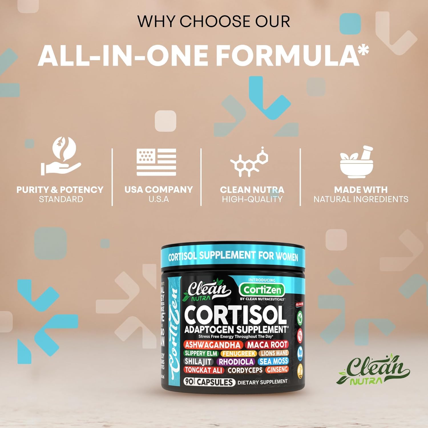 Clean Nutra Cortisol Supplements For Women | Maca Root Ashwagandha Cortisol Detox Manager Reducer + Slippery Elm Fenugreek Lions Mane Shilajit Rhodiola Sea Moss Tongkat Ali Cordyceps Ginseng Beet Root - OzHealthStandard