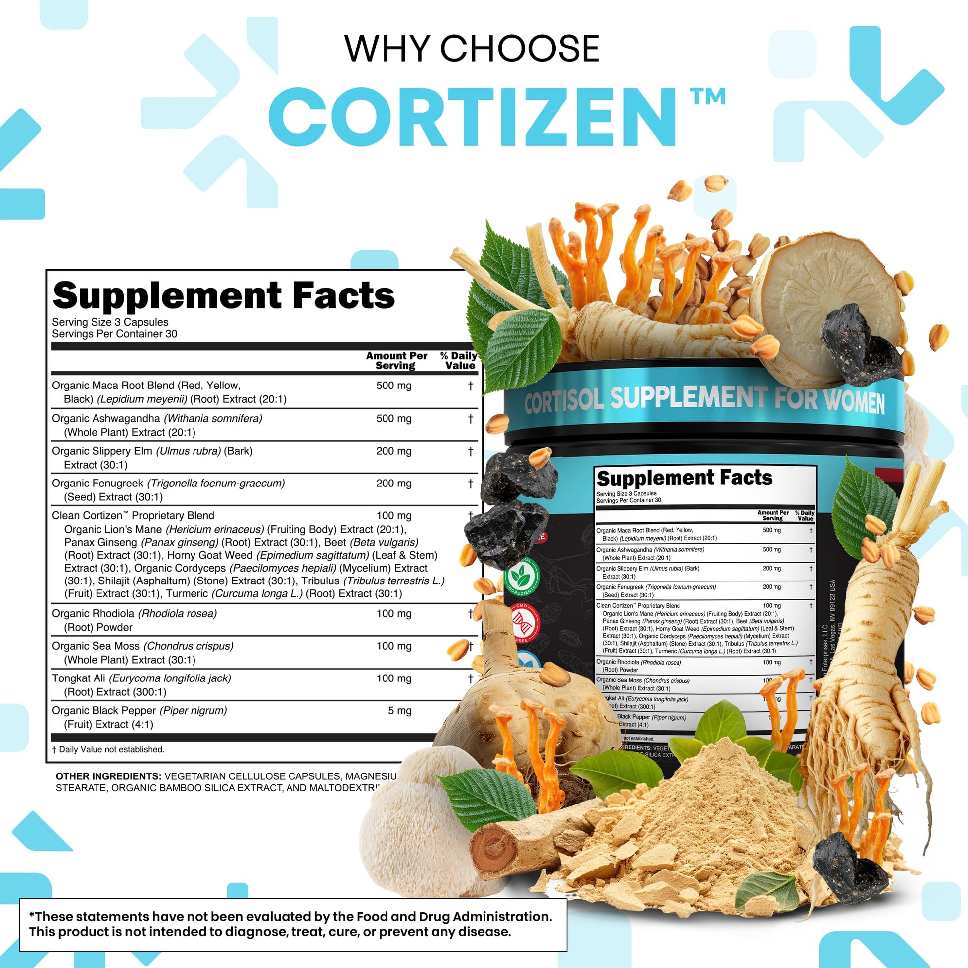 Clean Nutra Cortisol Supplements For Women | Maca Root Ashwagandha Cortisol Detox Manager Reducer + Slippery Elm Fenugreek Lions Mane Shilajit Rhodiola Sea Moss Tongkat Ali Cordyceps Ginseng Beet Root - OzHealthStandard