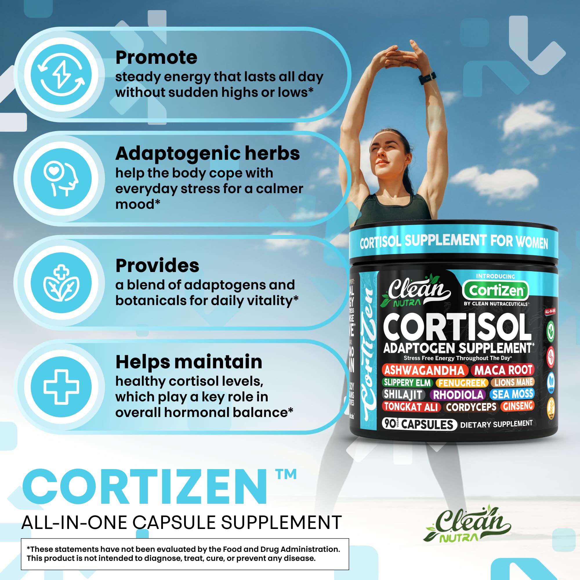 Clean Nutra Cortisol Supplements For Women | Maca Root Ashwagandha Cortisol Detox Manager Reducer + Slippery Elm Fenugreek Lions Mane Shilajit Rhodiola Sea Moss Tongkat Ali Cordyceps Ginseng Beet Root - OzHealthStandard