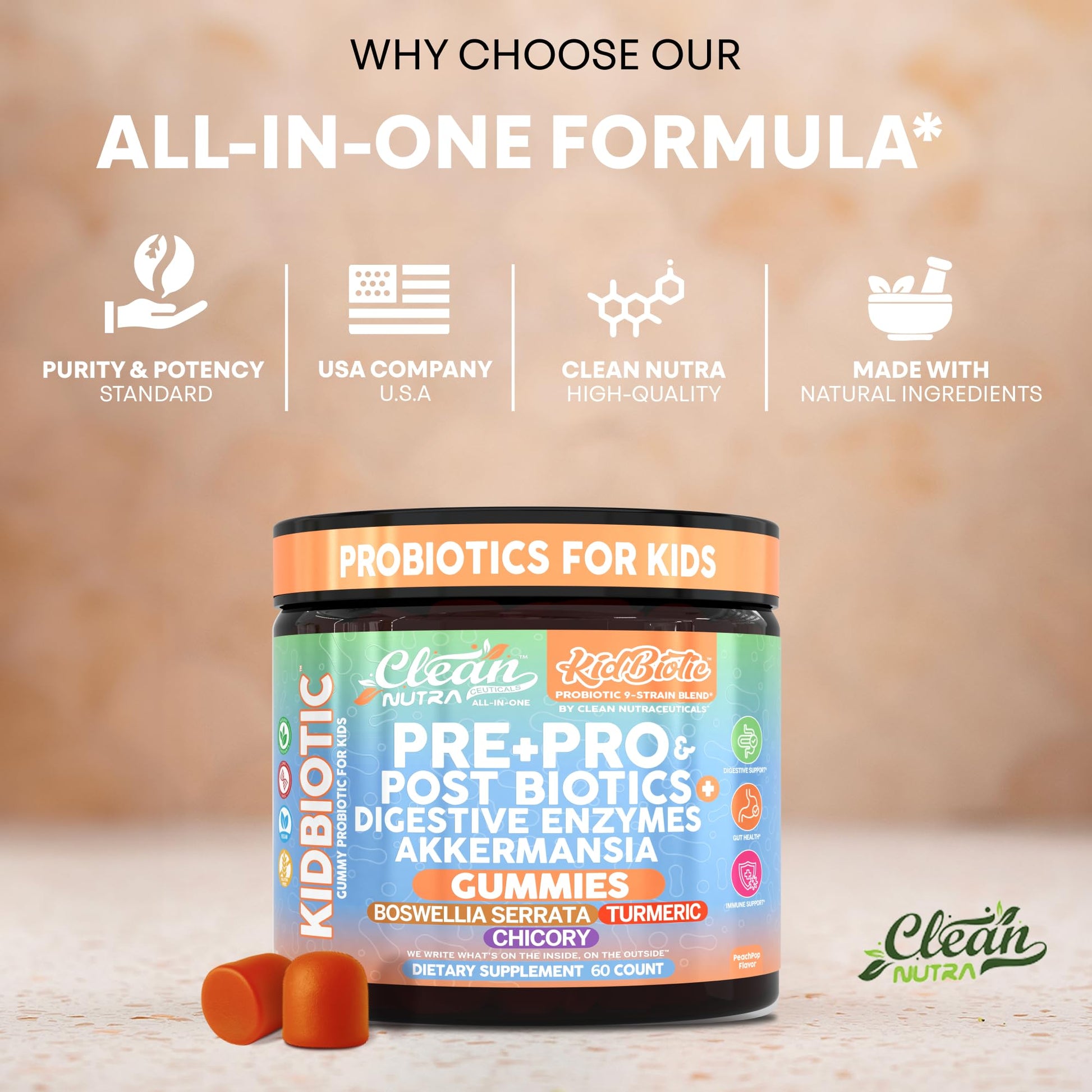 Clean Nutra Kids Probiotics Gummies with Prebiotics, Postbiotics, Digestive Enzymes, Akkermansia, Boswellia Serrata, Turmeric, Chicory – 60 Count – Plant-Based Supplement for Kids – PeachPop Flavor - OzHealthStandard