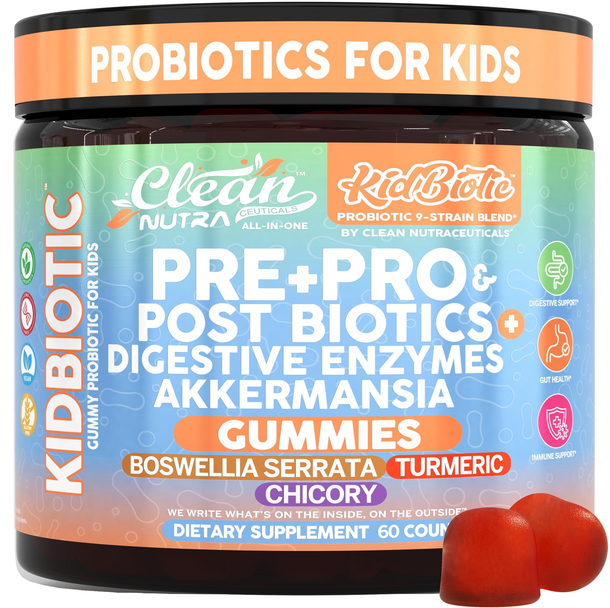 Clean Nutra Kids Probiotics Gummies with Prebiotics, Postbiotics, Digestive Enzymes, Akkermansia, Boswellia Serrata, Turmeric, Chicory – 60 Count – Plant-Based Supplement for Kids – PeachPop Flavor - OzHealthStandard